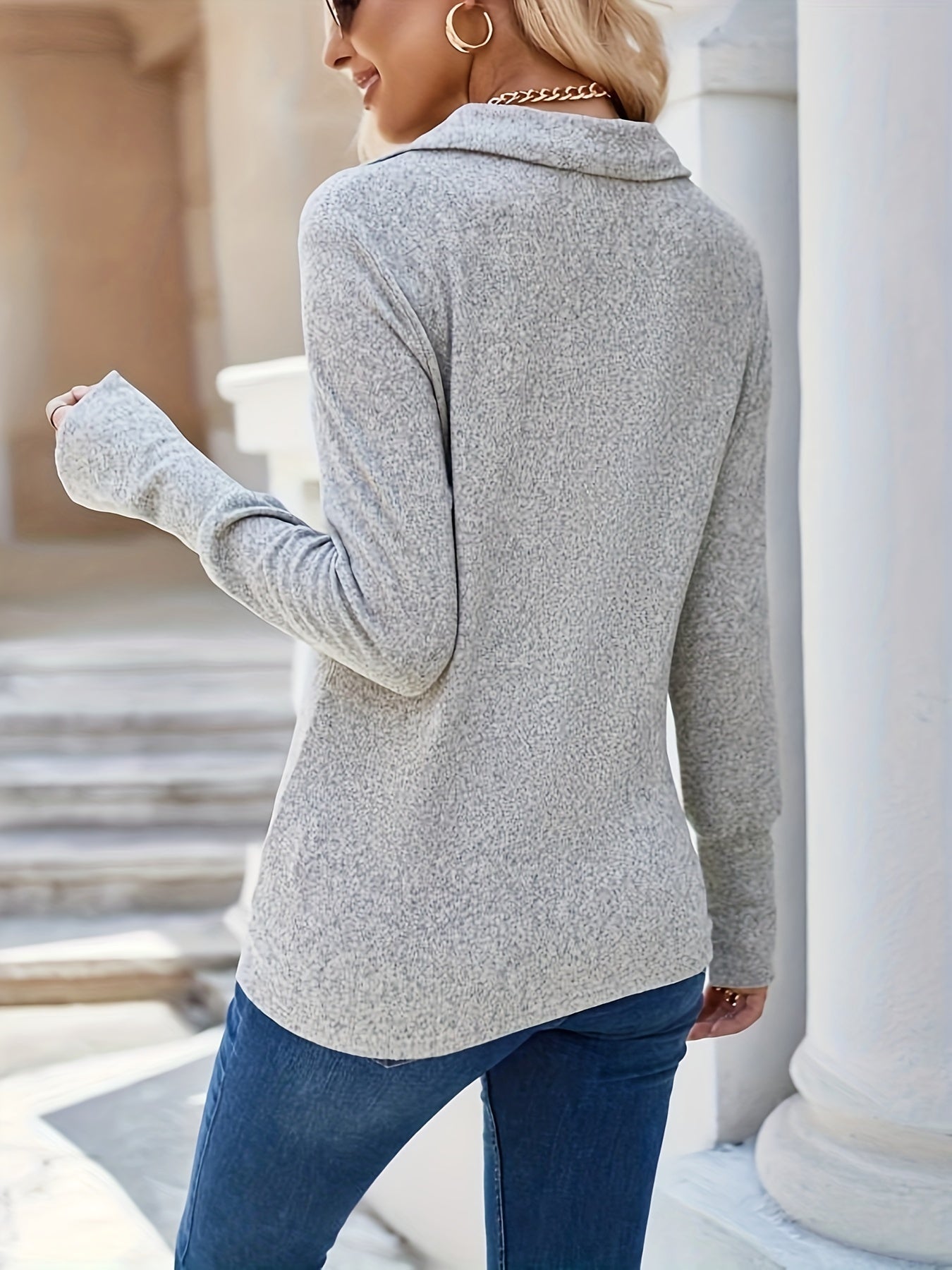 Solid Slim Basic T-shirt, Casual V Neck Long Sleeve T-shirt, Women's Clothing