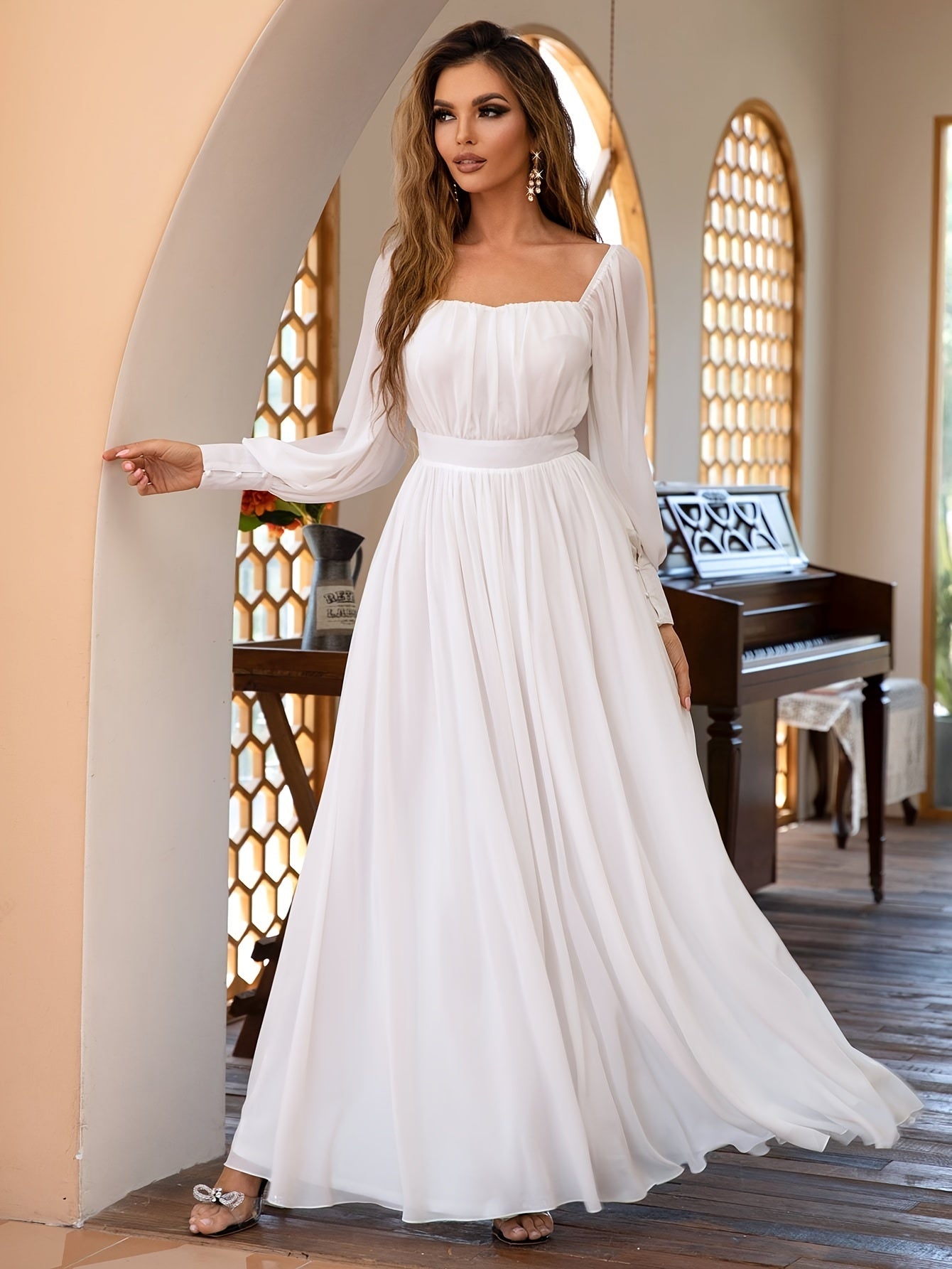 vlovelaw Solid Simple Dress, Elegant Long Sleeve Maxi Dress, Women's Clothing