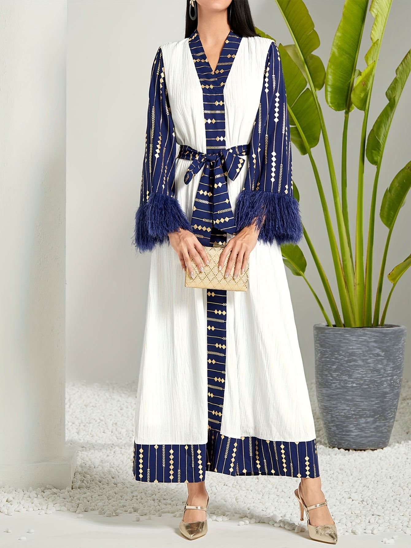 Tassel V Neck Kaftan Dress, Elegant Long Sleeve Maxi Dress, Women's Clothing