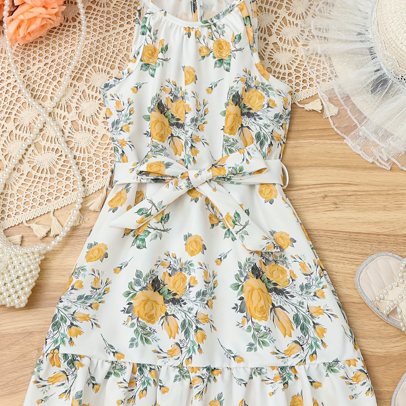 Adorable Vintage-Inspired Girls Floral Halter Dress - Flowy & Breathable for Summer Holidays, Perfect Festive Party Wear & Gift Idea