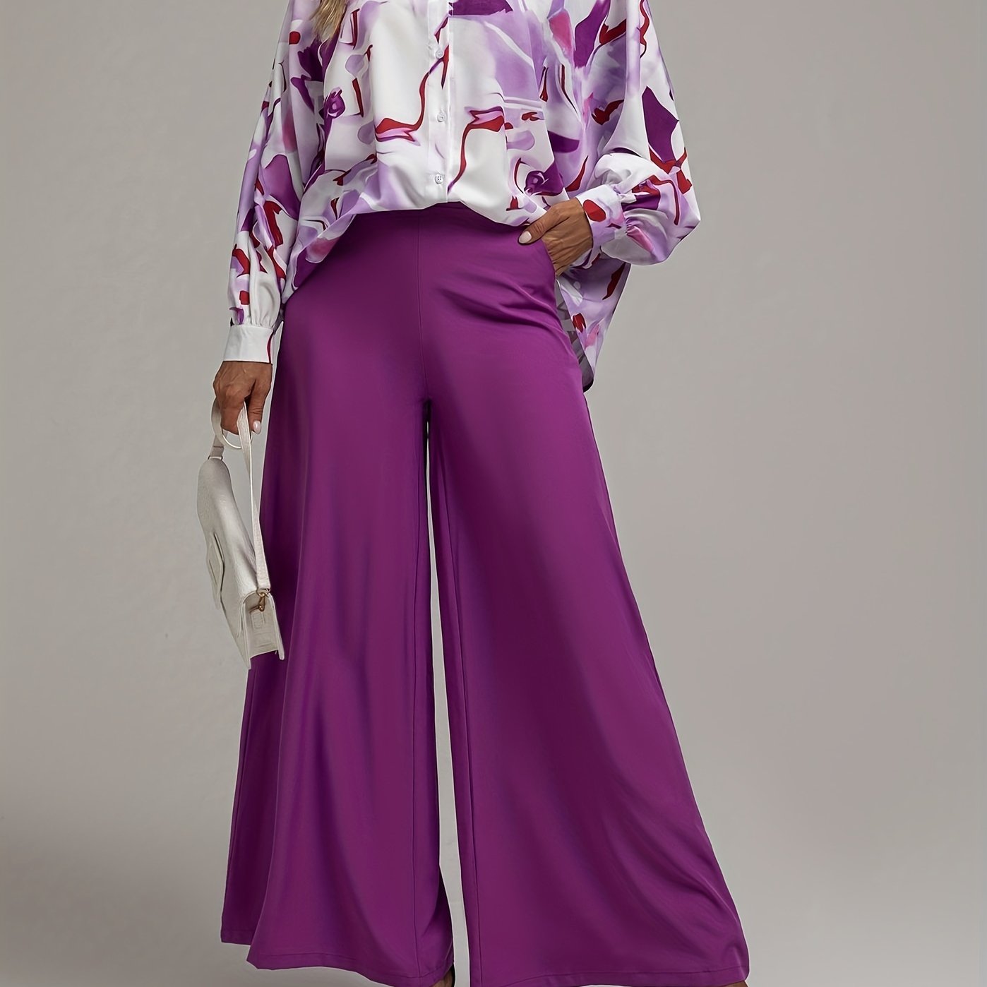 vlovelaw Elegant Two-piece Set, Allover Print Button Front Shirt & Solid High Waist Wide Leg Pants Outfits, Women's Clothing