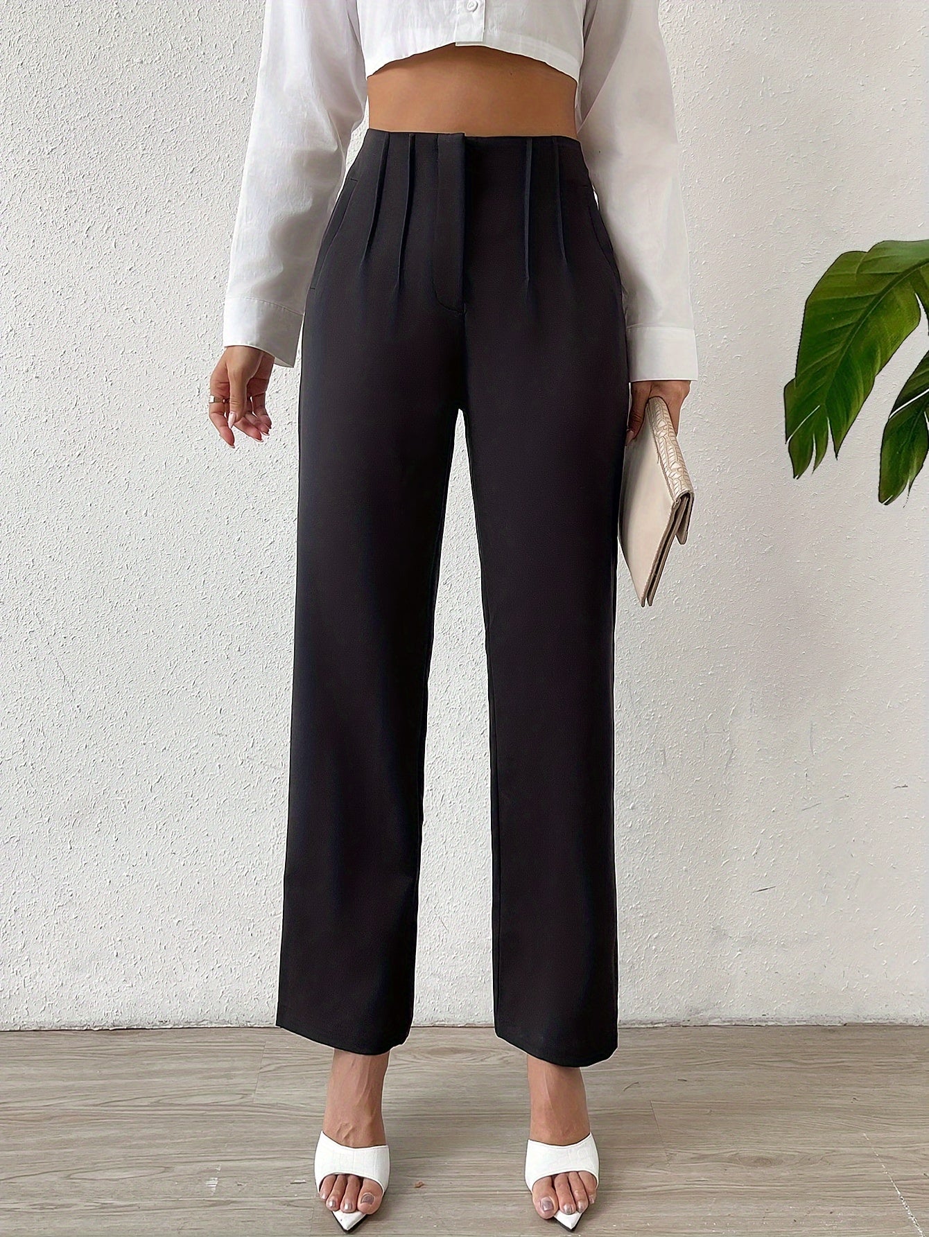 vlovelaw Solid High Waist Pants, Elegant Straight Leg Ruched Pants, Women's Clothing