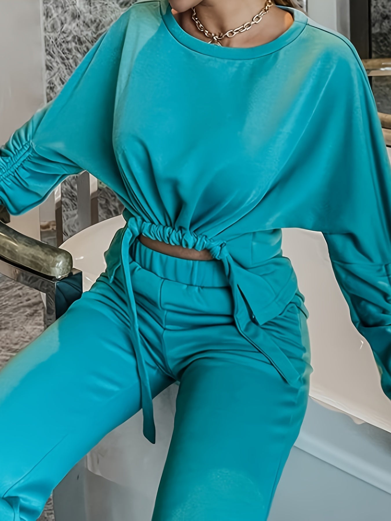 vlovelaw Sexy Solid Pantsuits Two-piece Set, Round Neck Pleated Tops & Loose Wide Leg High-waisted Pants Set, Women's Clothing