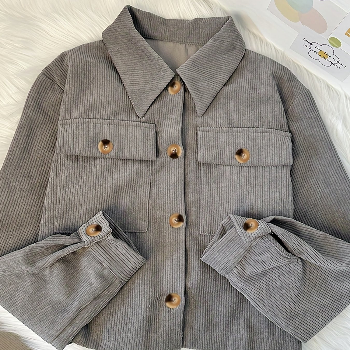 Flap Pockets Corduroy Crop Jacket, Casual Long Sleeve Jacket For Fall & Winter, Women's Clothing
