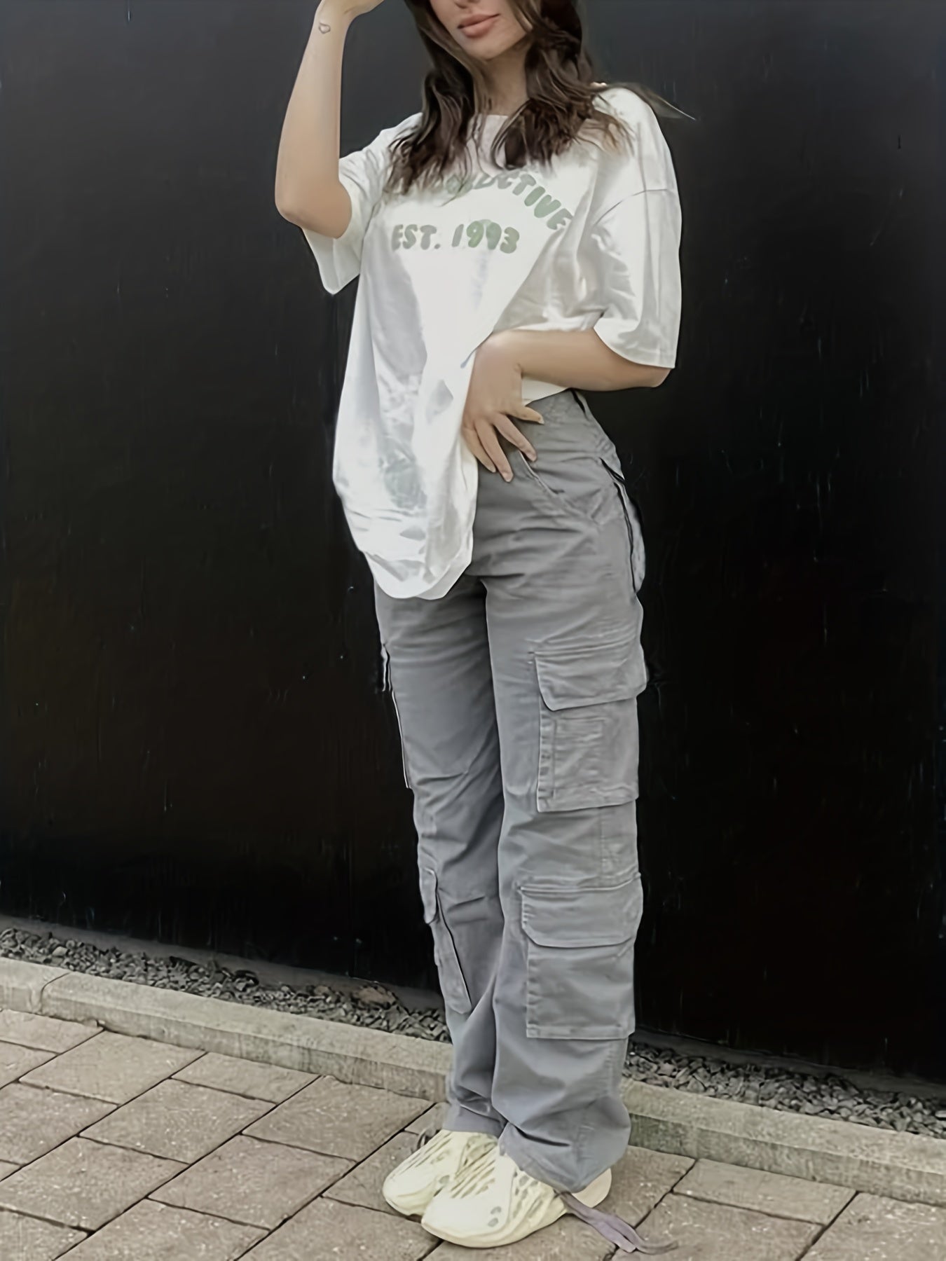 vlovelaw Plain Flap Pockets Cargo Pants, Non-Stretch Loose Fit Y2K & Kpop Style Straight Jeans, Women's Denim Jeans & Clothing