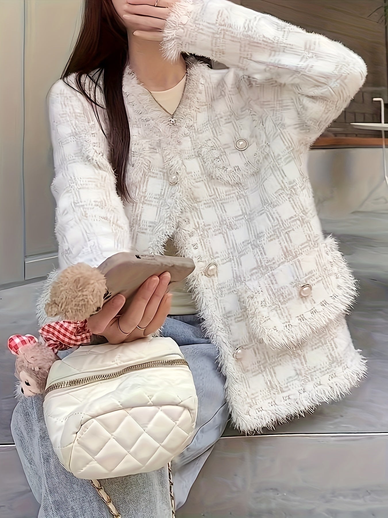 Women's Chic Long Sleeve Knitted Coat - Elegant Plaid Design, Button Front, Raw Trim, Dual Pockets, Fall & Winter Essential