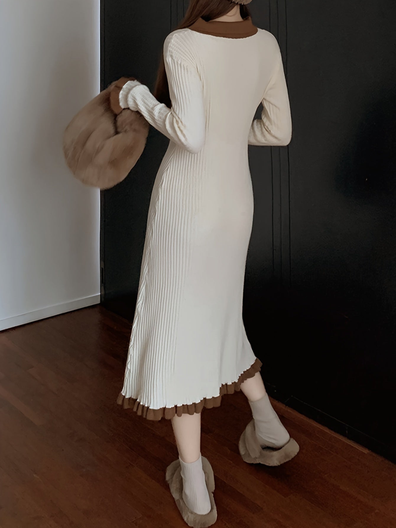 vlovelaw Color Block Ruffle Trim Knit Dress, Chic Long Sleeve V Neck A-line Dress, Women's Clothing
