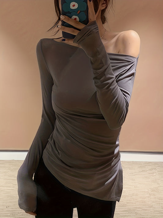 Solid Off Shoulder T-shirt, Casual Long Sleeve Slim Top For Spring & Fall, Women's Clothing