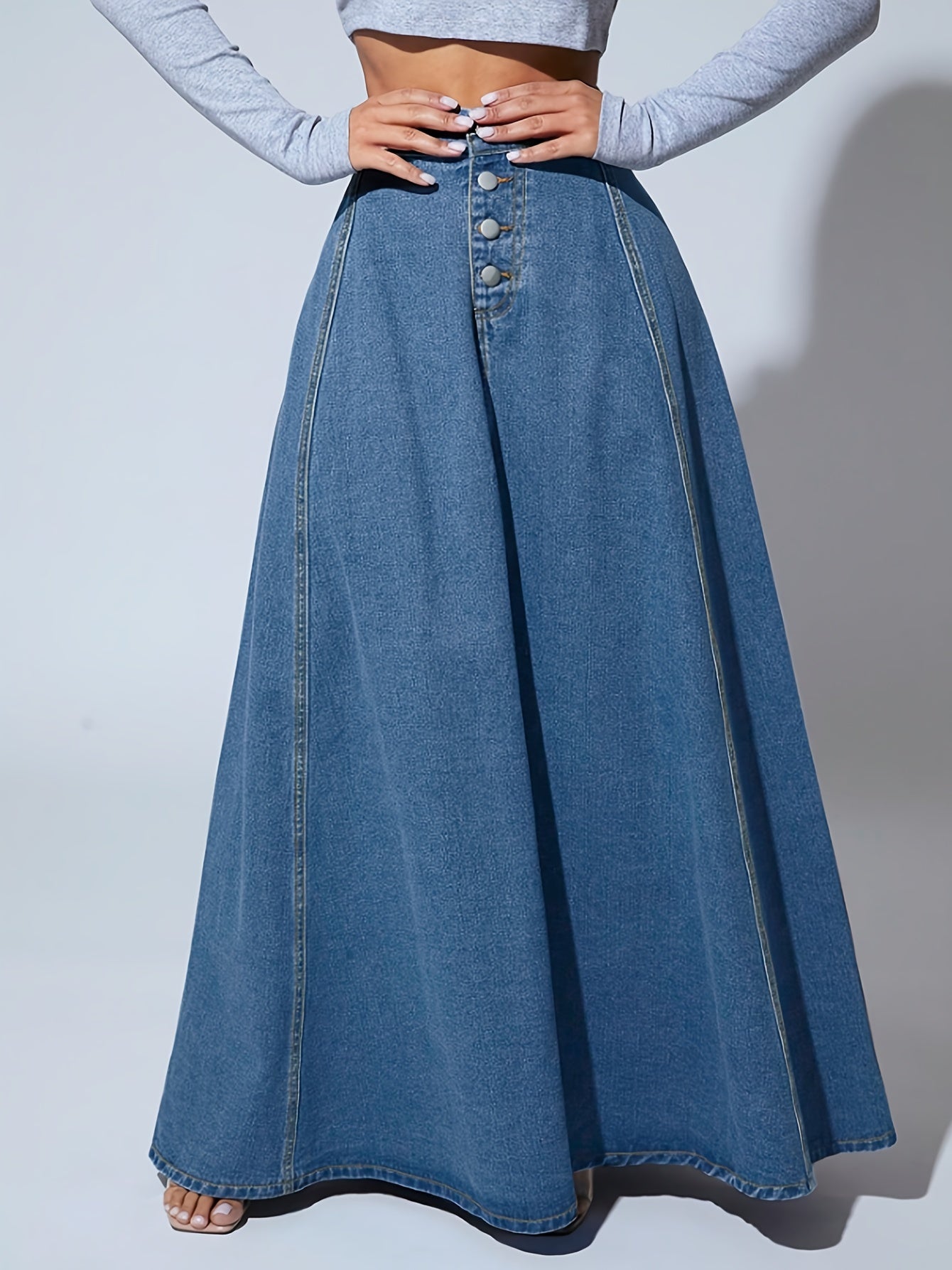 vlovelaw Single-breasted Button Denim Midi Skirt, High Waist A-line Vintage Elegant Denim Skirts, Women's Denim Clothing