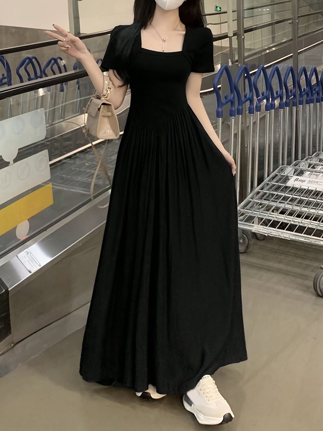vlovelaw Solid Simple Ruched Dress, Casual Square Neck Short Sleeve Dress, Women's Clothing