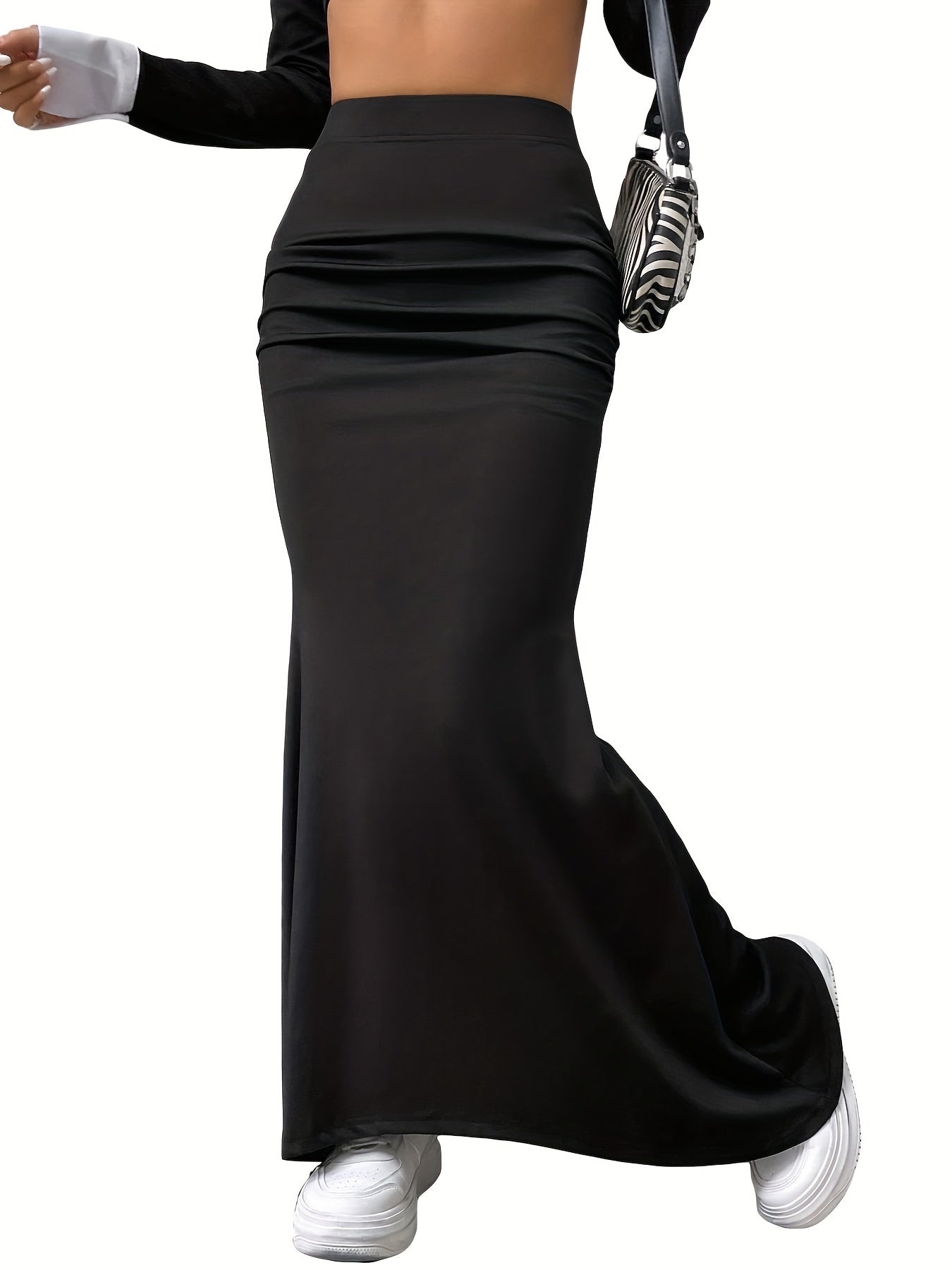 Solid Ruched High Waist Skirt, Elegant Slim Bodycon Skirt For Spring & Fall, Women's Clothing