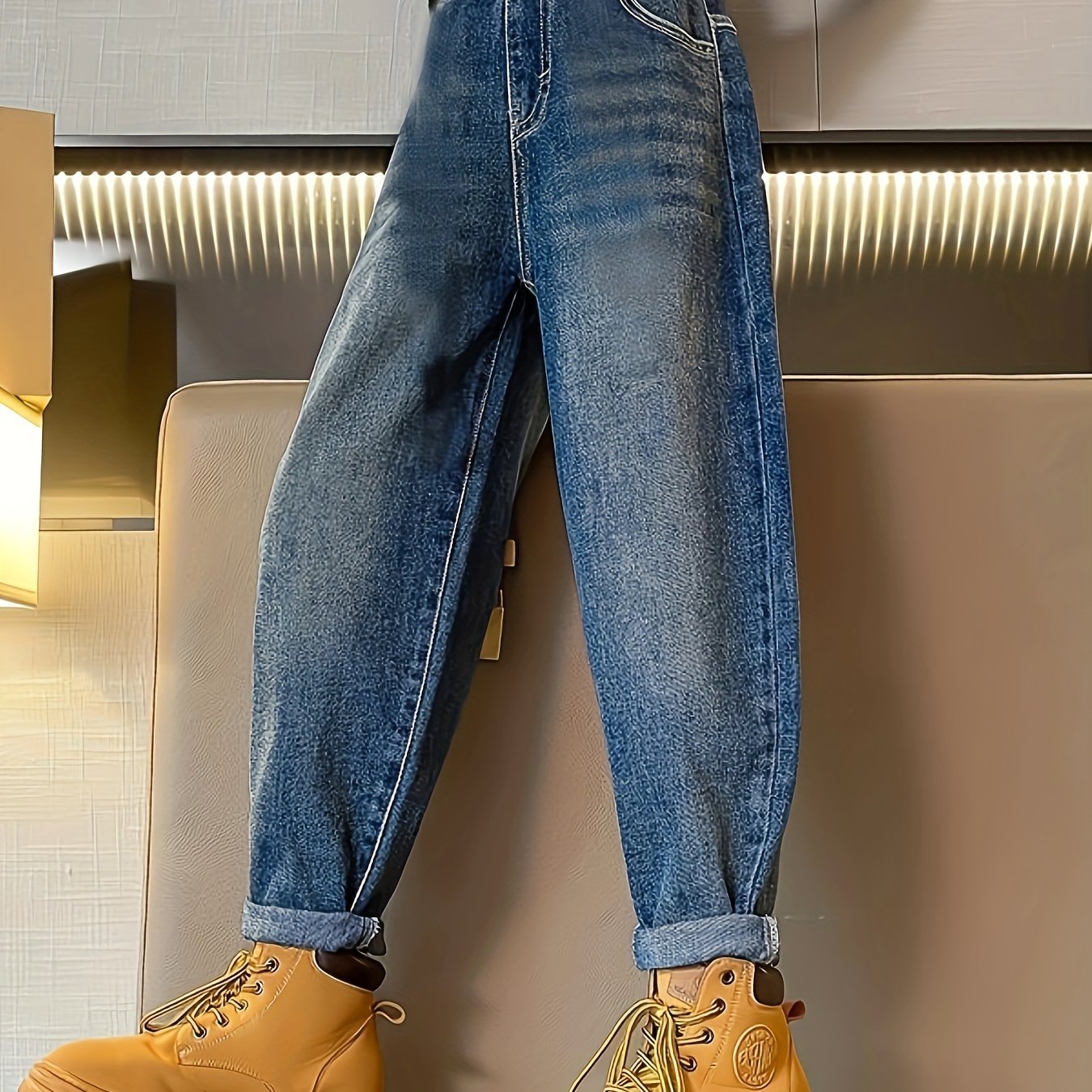 Kid's Chic Elastic Waist Jeans, Denim Pants With Pockets, Girl's Novelty Clothes For Spring Fall Winter