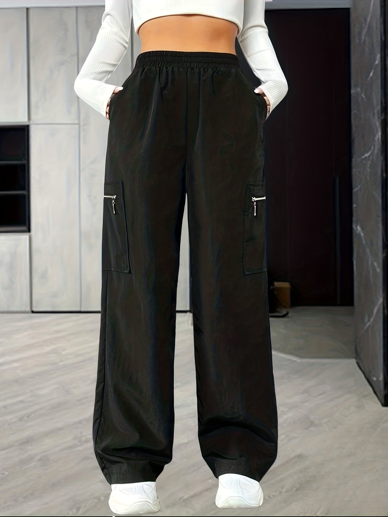 Solid Color Wide Leg Cargo Pants, Casual Loose Pocket Pants For Spring & Summer, Women's Clothing