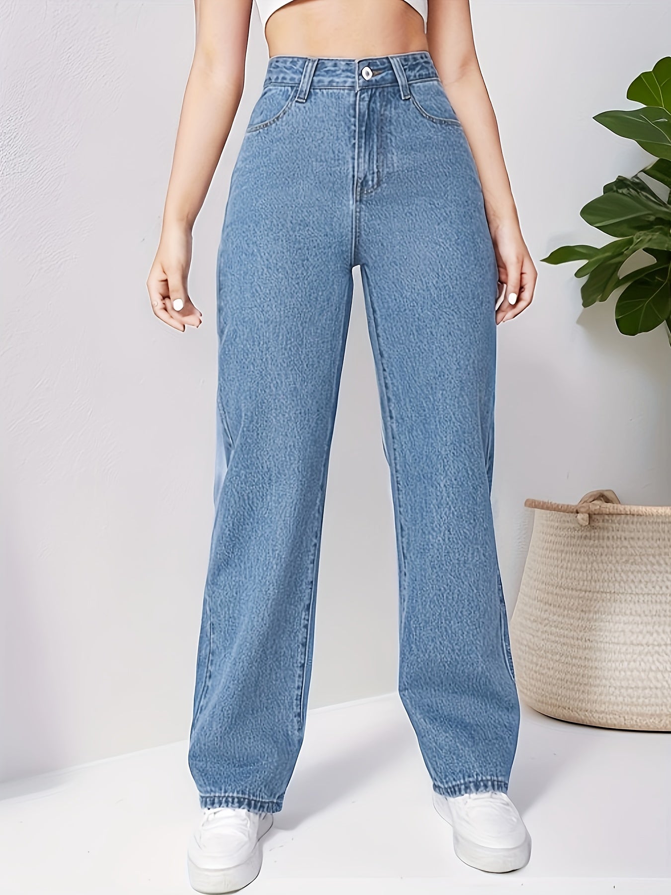 vlovelaw Blue Loose Fit Straight Jeans, High Waist Non-Stretch Slash Pockets Denim Pants, Women's Denim Jeans & Clothing