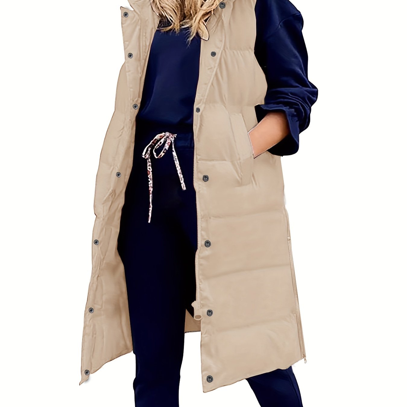 Hooded Sleeveless Coat, Button Front Long Length Casual Warm Outerwear, Women's Clothing