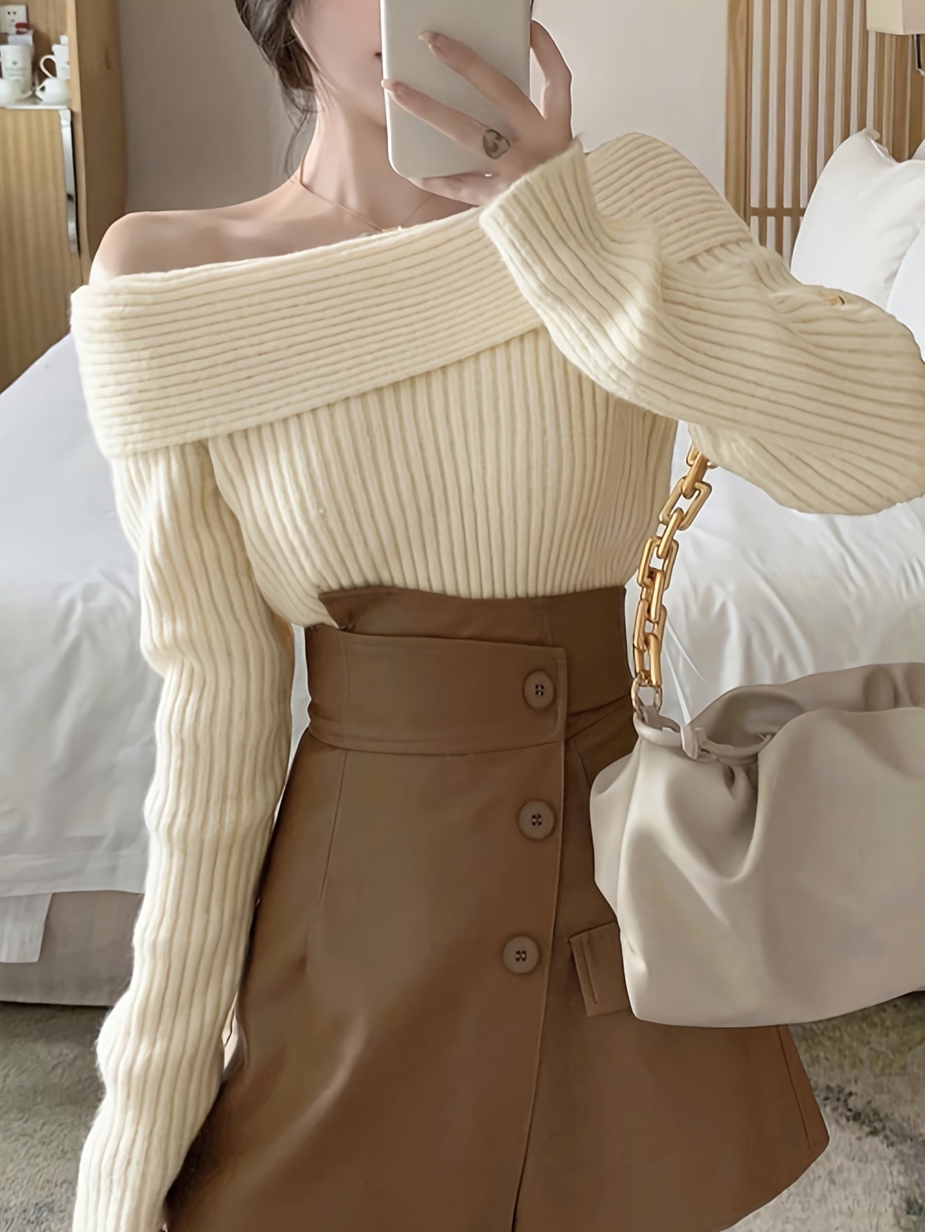 vlovelaw Solid Off Shoulder Knit Sweater, Casual Long Sleeve Pullover Sweater, Women's Clothing