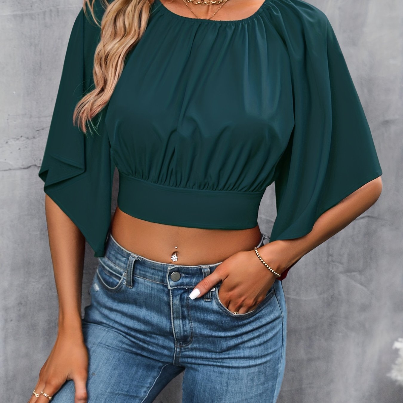 vlovelaw Ruched Tie Back Crop Top, Casual Crew Neck Cape Sleeve Blouse For Spring & Summer, Women's Clothing