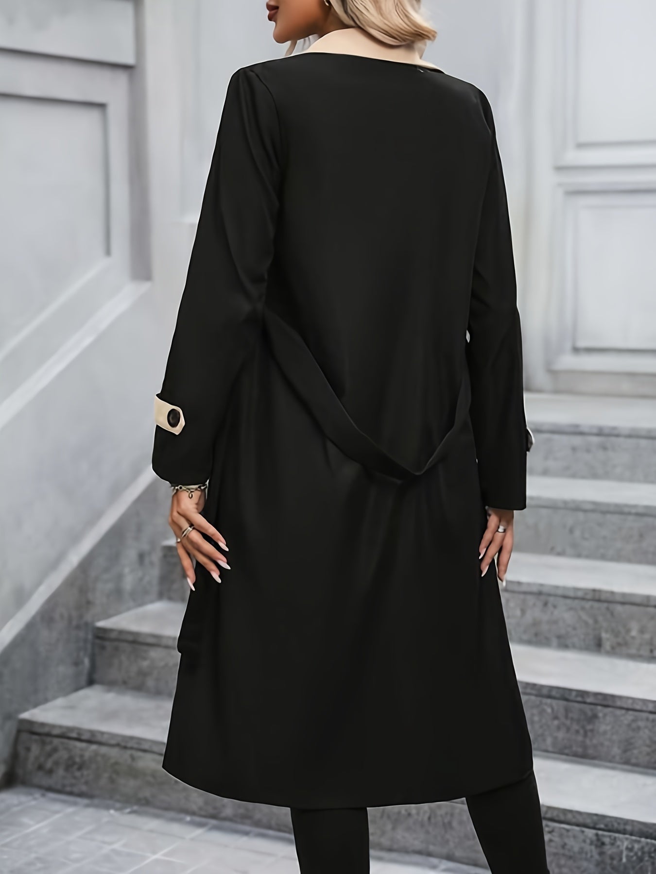 Button Front Notched Collar Coat, Casual Long Sleeve Mid Length Outerwear, Women's Clothing