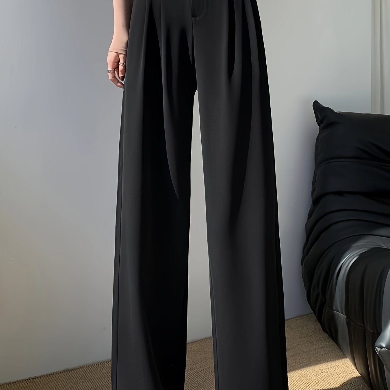 vlovelaw Solid High Waist Pants, Casual Wide Leg Button Pants, Women's Clothing