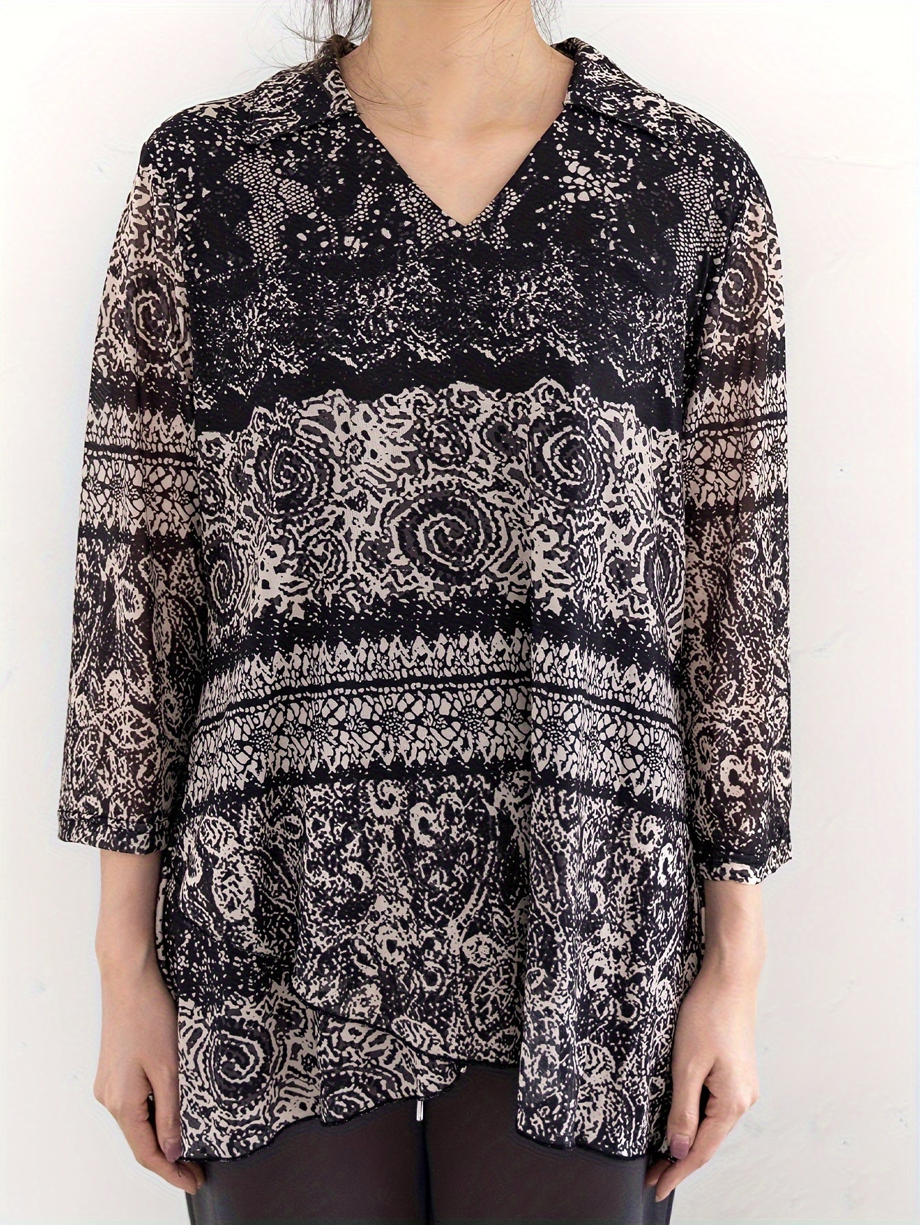 All Over Print V Neck Blouse, Elegant Long Sleeve Blouse For Spring & Fall, Women's Clothing