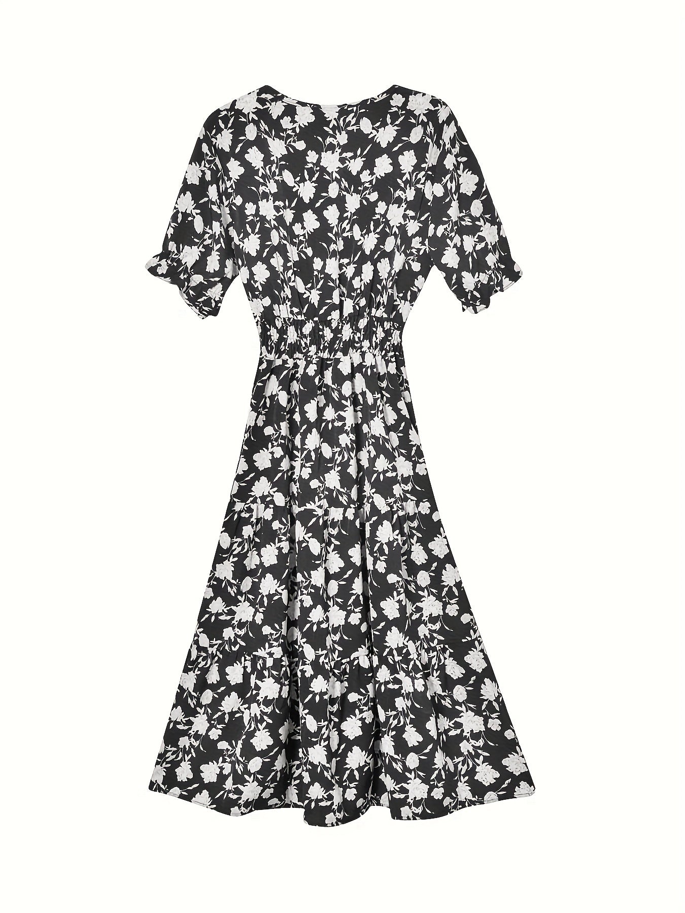 Floral Print V Neck Dress, Casual Puff Sleeve Shirred Waist Dress, Women's Clothing