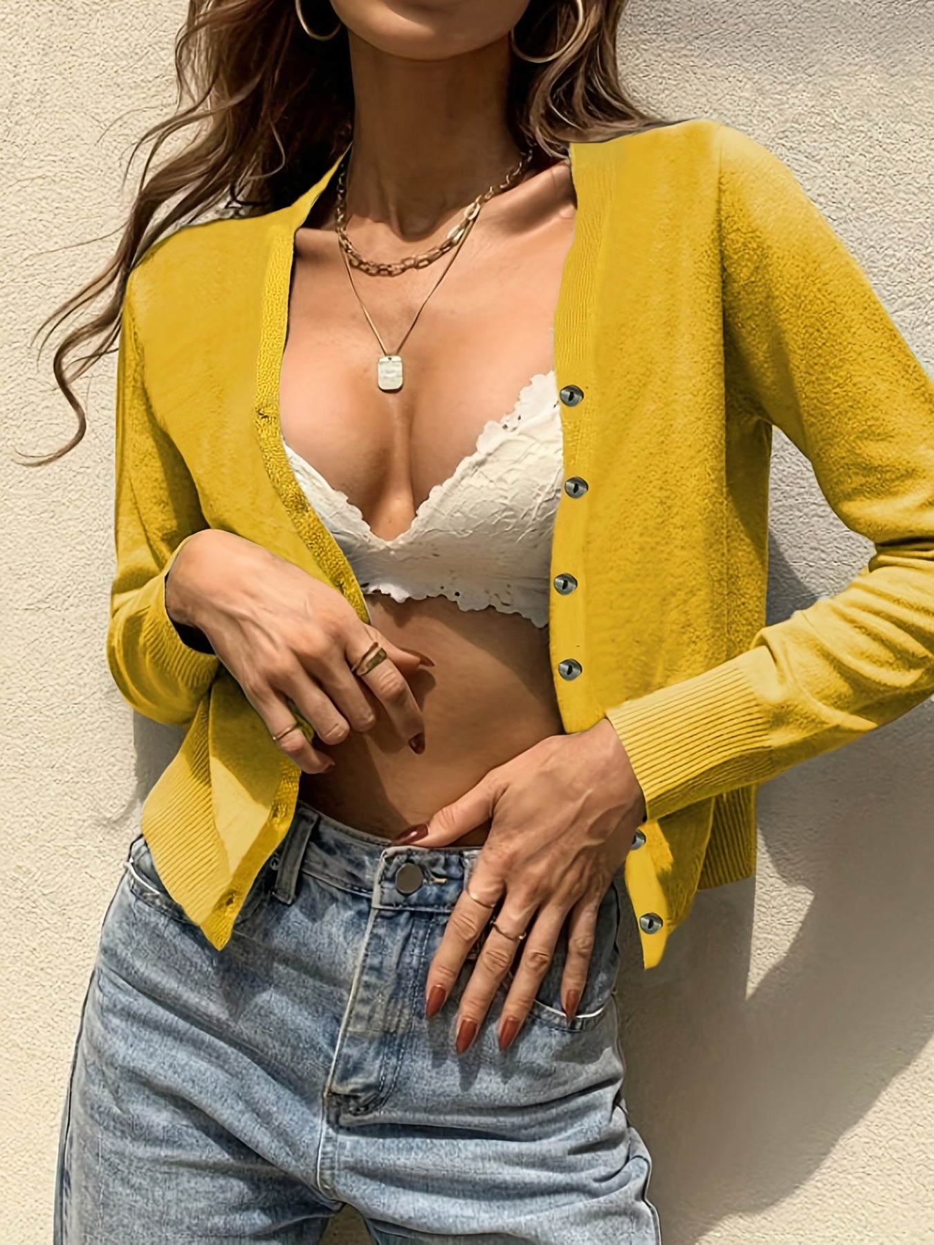vlovelaw Button Front Knit Cardigan, Casual Solid Long Sleeve Sweater, Women's Clothing