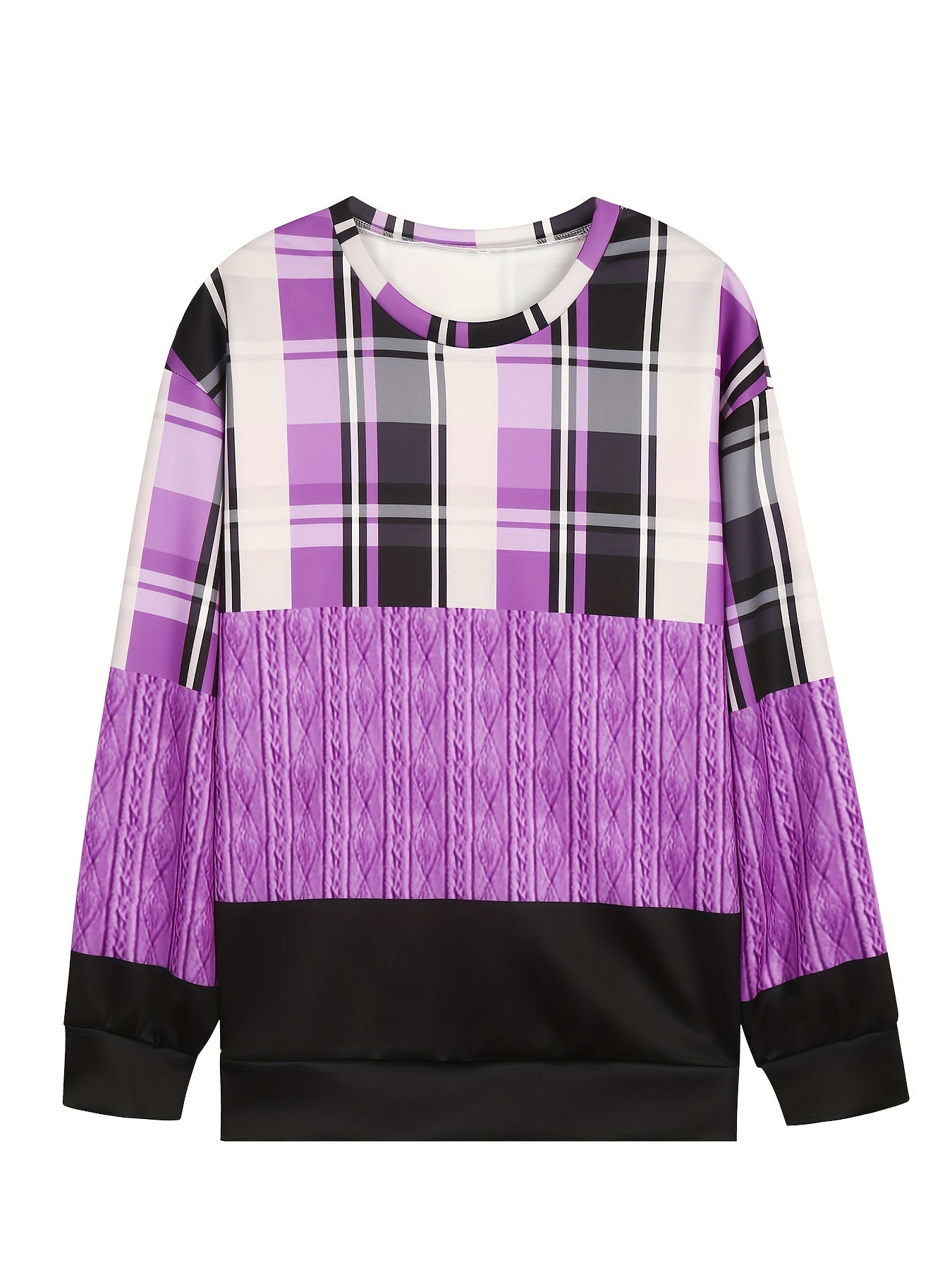 vlovelaw Color Block Plaid Print Sweatshirt, Casual Crew Neck Long Sleeve Sweatshirt, Women's Clothing