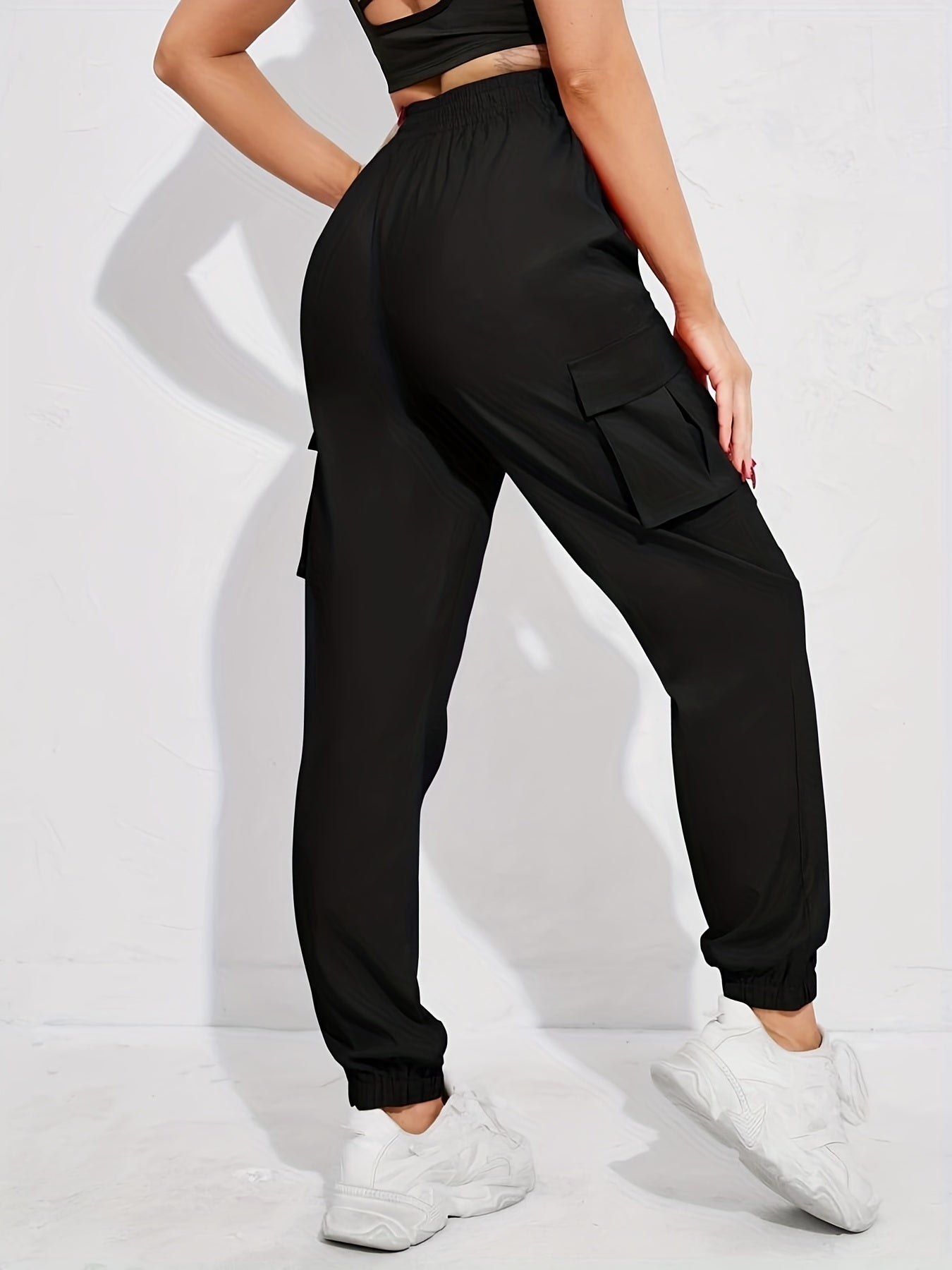 vlovelaw Solid Color Casual Joggers Sweatpant, Cargo Loose High Waisted Pants With Pockets, Women's Athleisure