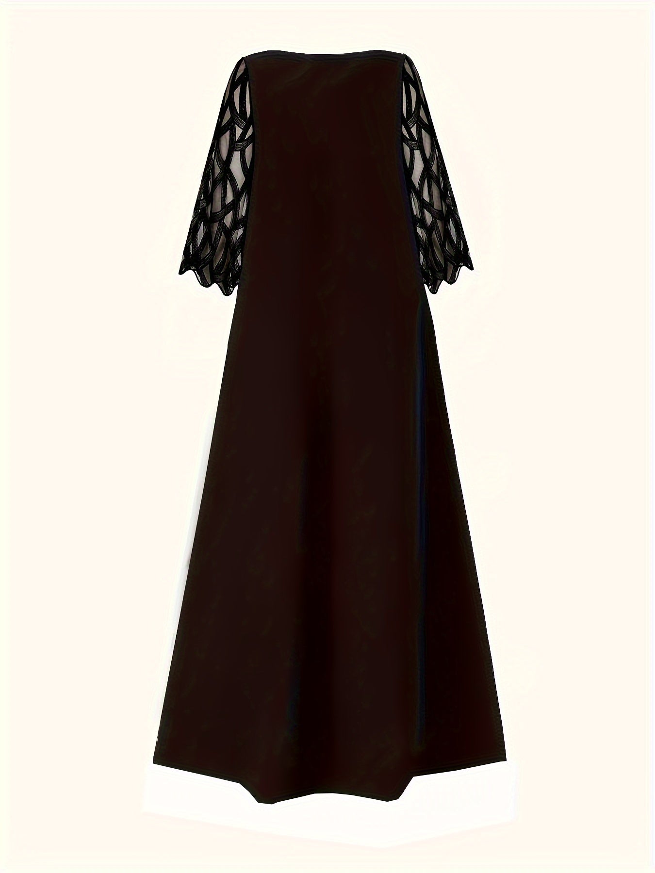 Plus Size Boho Dress, Women's Plus Colorblock Floral Print Contrast Mesh Long Sleeve Round Neck Maxi Dress