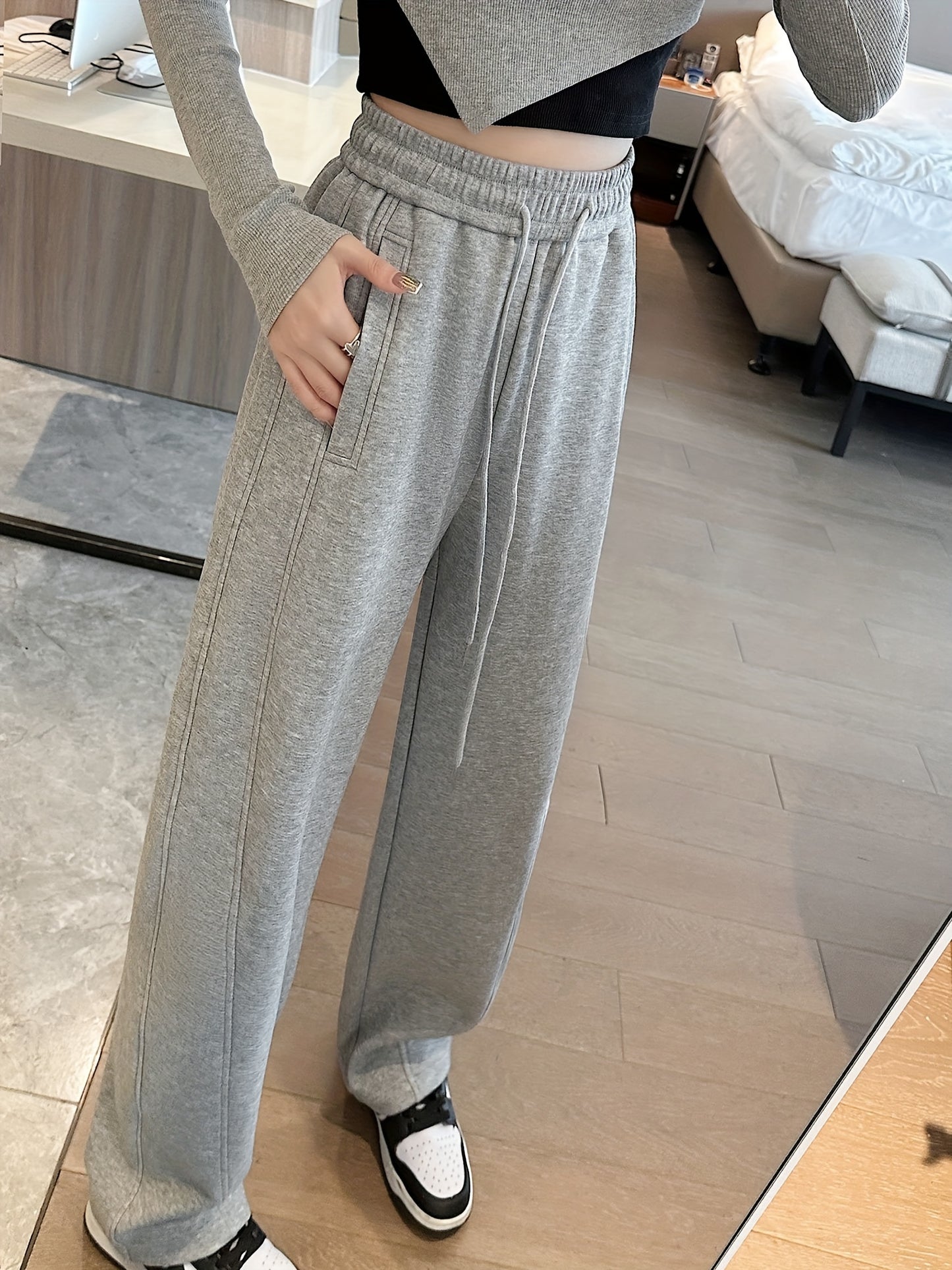 Pocket Solid Straight Leg Pants, Casual Drawstring Elastic Waist Pants, Women's Clothing