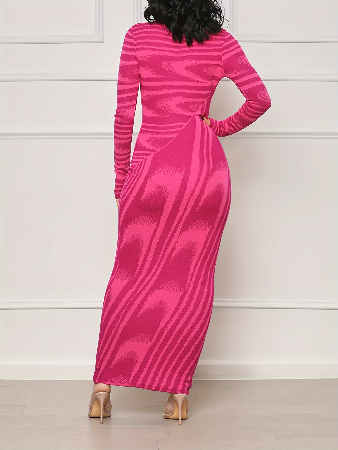 Abstract Print Long Sleeve Dress, Stylish Crew Neck Maxi Length Slim Dress, Women's Clothing