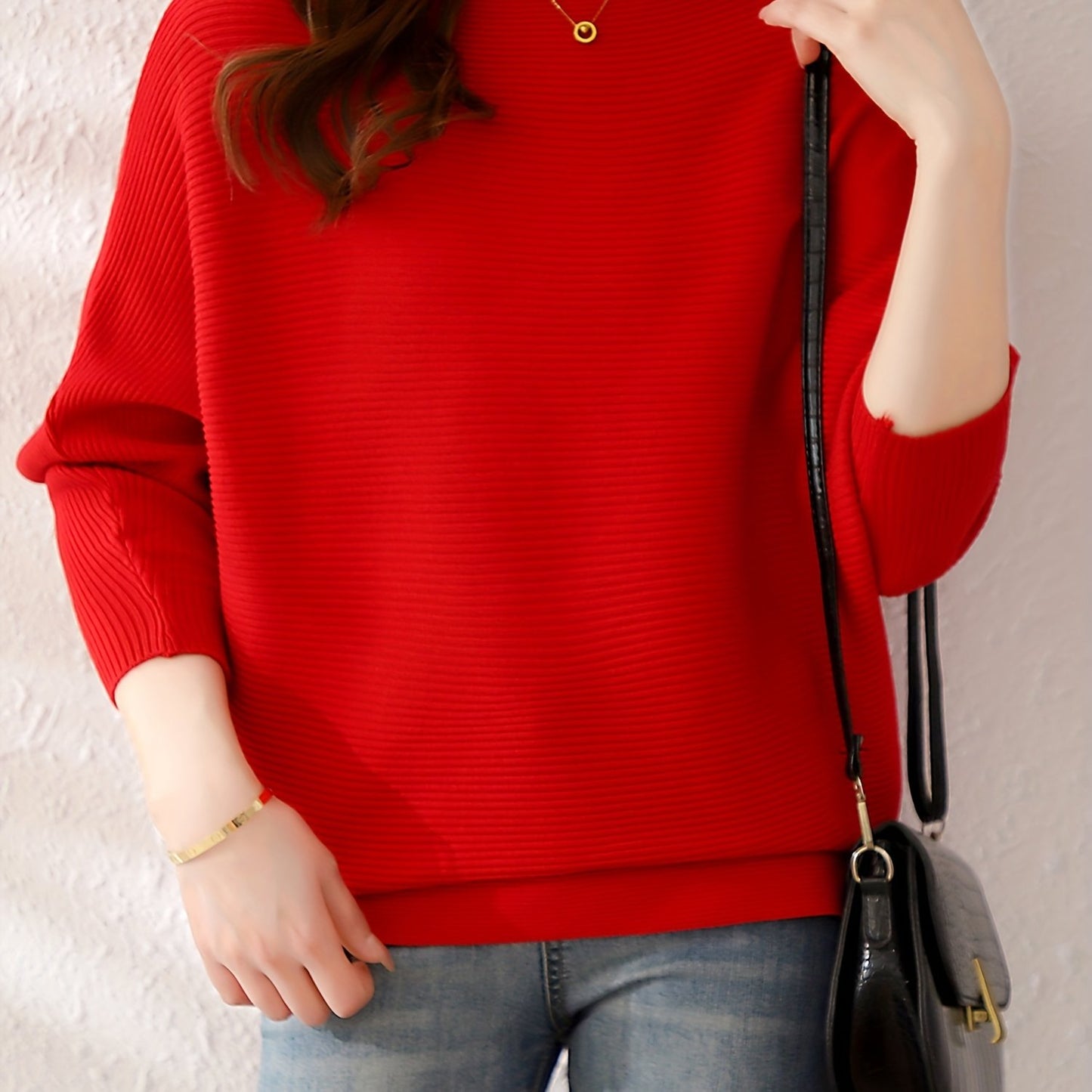 Solid Batwing Sleeve Knit Sweater, Casual Boat Neck Sweater For Spring & Fall, Women's Clothing