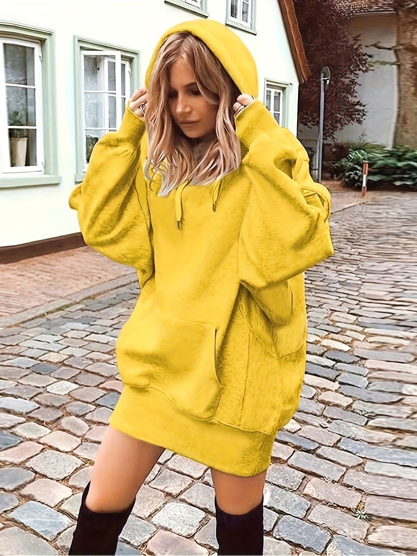 vlovelaw Solid Color Kangaroo Pocket Hoodie, Casual Long Sleeve Thigh Length Drawstring Hoodie Sweatshirt, Women's Clothing