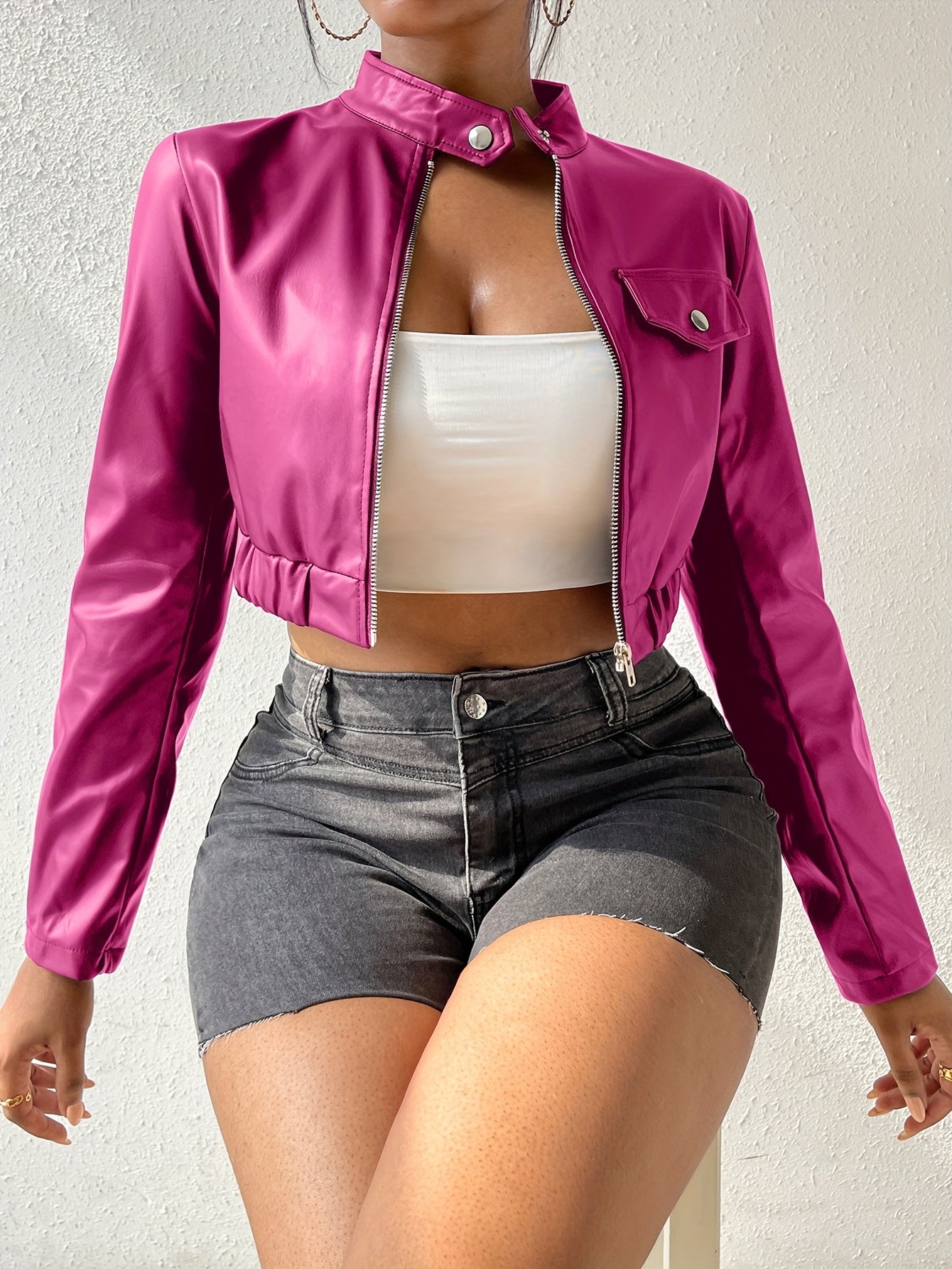 vlovelaw  Solid Zipper Crop Motor Jacket, Casual Faux Leather Long Sleeve Jacket For Fall, Women's Clothing