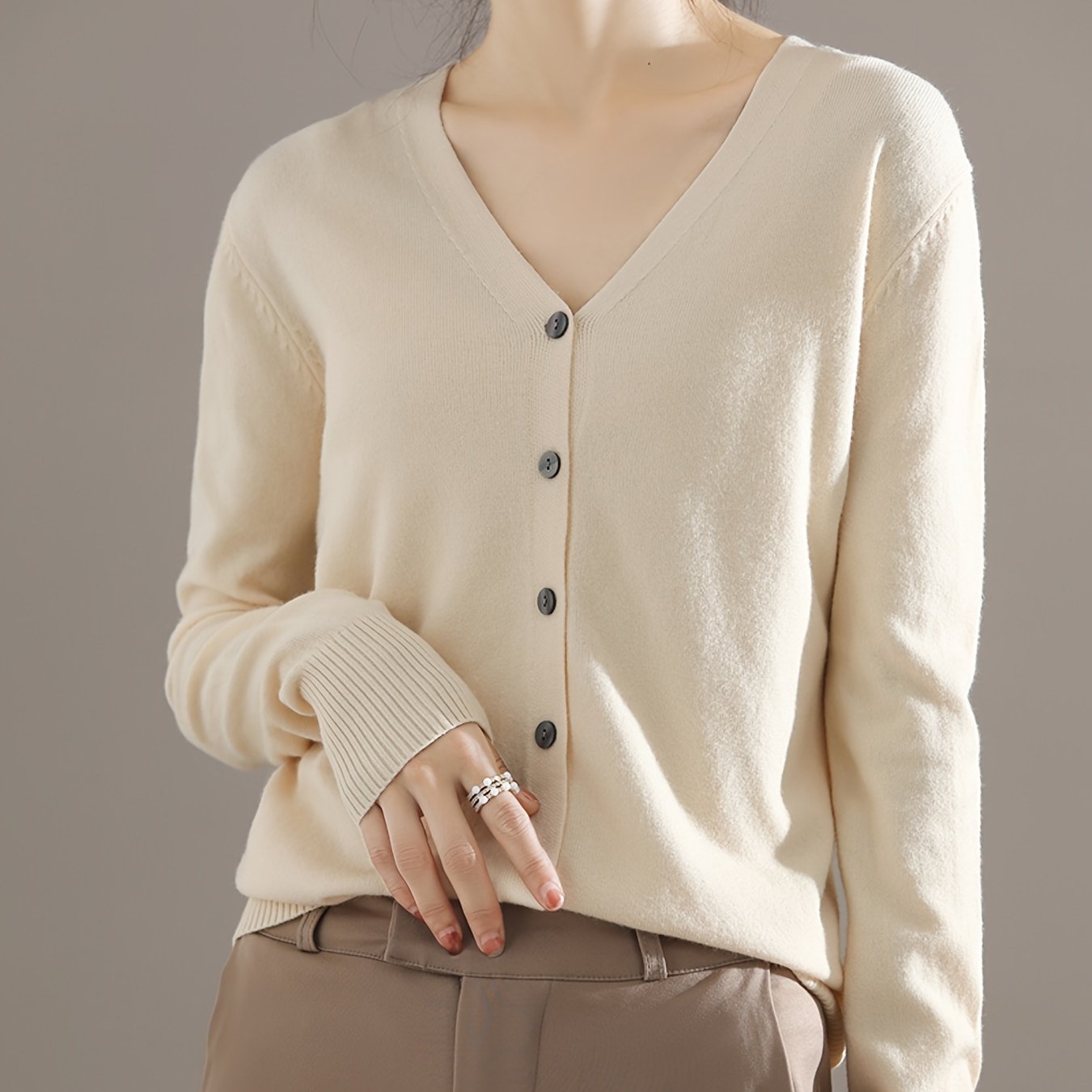 Elegant V-neck Solid Cardigan, Long Sleeve Cardigan For Spring & Fall, Women's Clothing