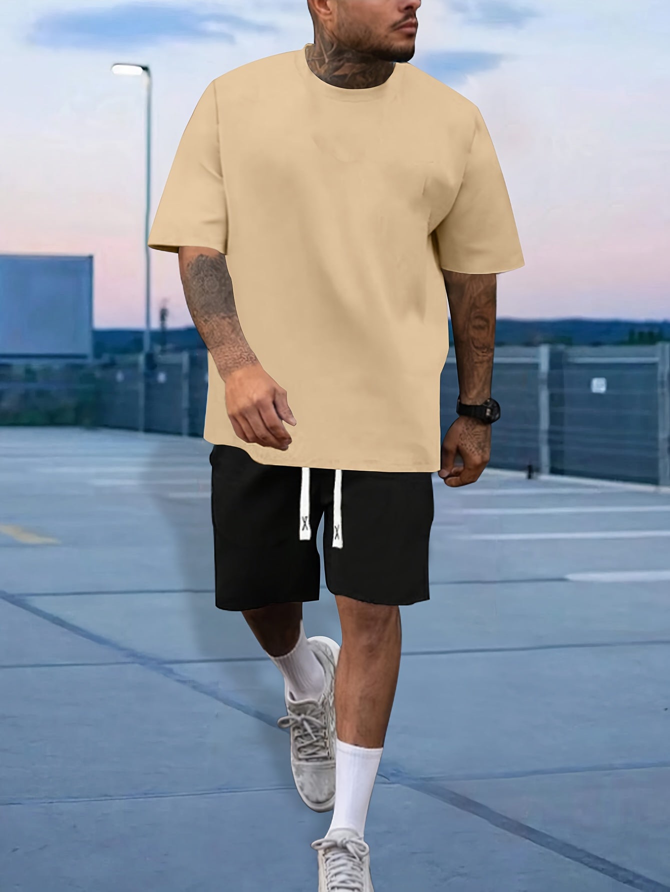 Mens Stylish Comfy Lounge Sets - Trendy Solid Tee & Drawstring Shorts - Ideal for Home & Outdoor, Summer Chill-out Wear