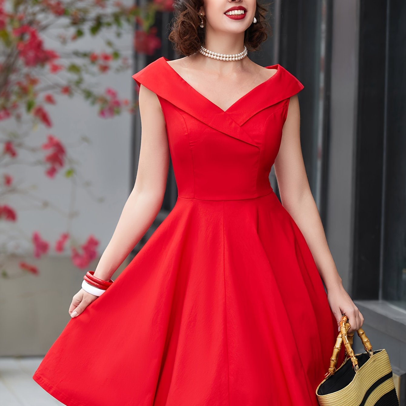 vlovelaw Solid V Neck Dress, Vintage Short Sleeve A-line Dress For Spring & Summer, Women's Clothing