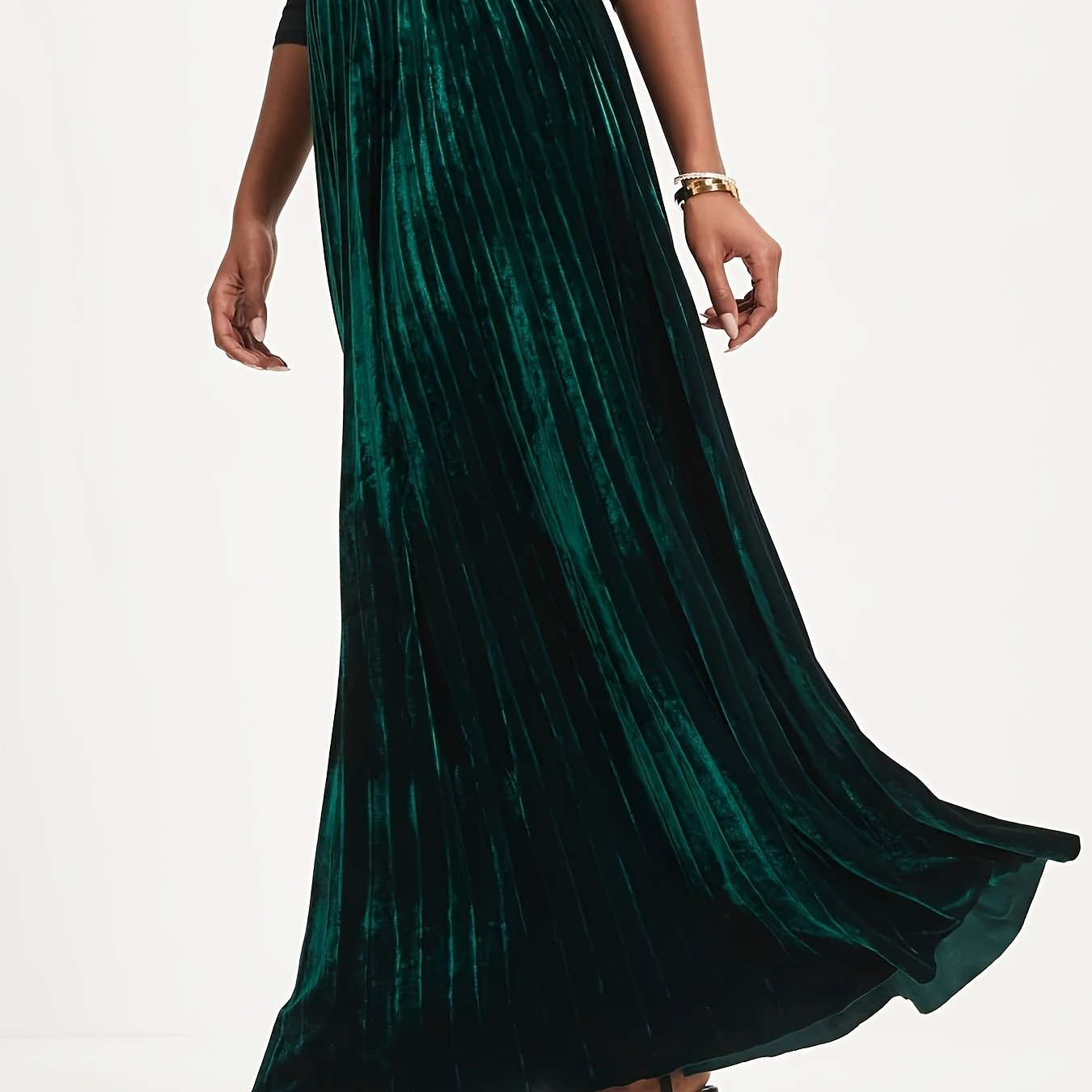 Plus Size Retro Skirt, Women's Plus Solid Velvet Elastic High Rise Maxi Pleated Skirt