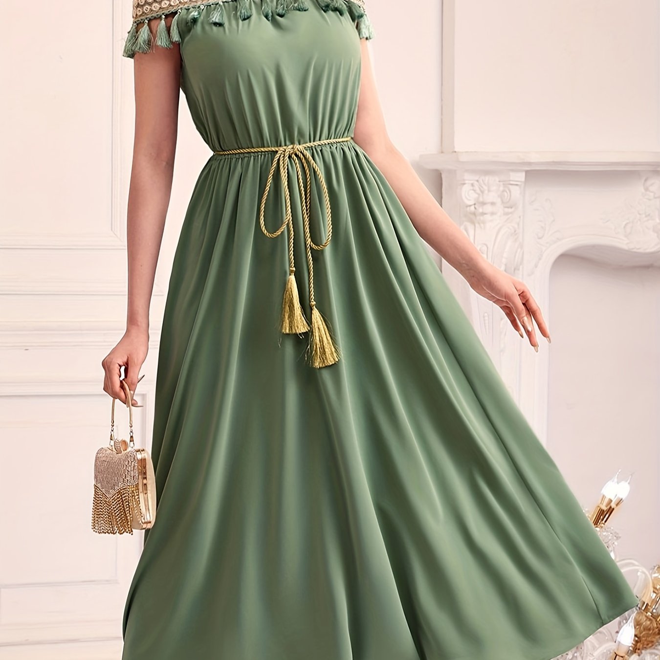 vlovelaw Off Shoulder Tassel Dress, Elegant Solid Ruched Midi Dress, Women's Clothing