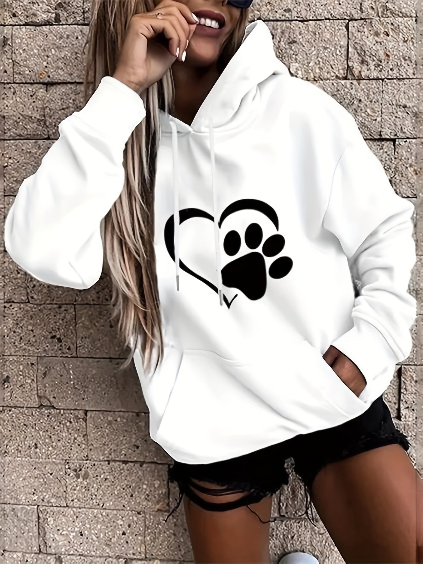 vlovelaw Plus Size Casual Sweatshirt, Women's Plus Paw Heart Print Long Sleeve Medium Stretch Drawstring Hoodie With Pocket