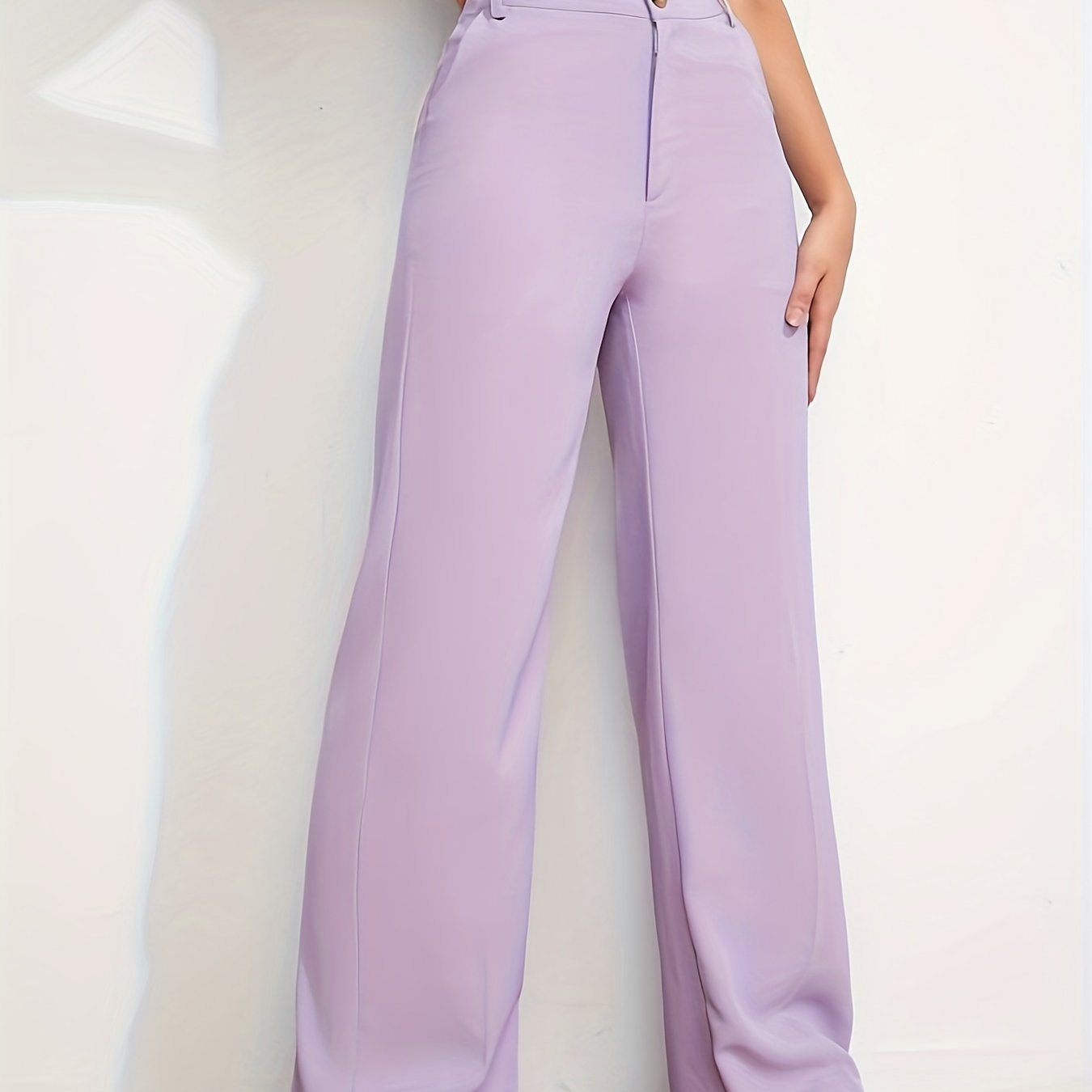 vlovelaw Solid High Waist Trousers, Straight Leg Dual Pockets Pants For Work & Office, Women's Clothing