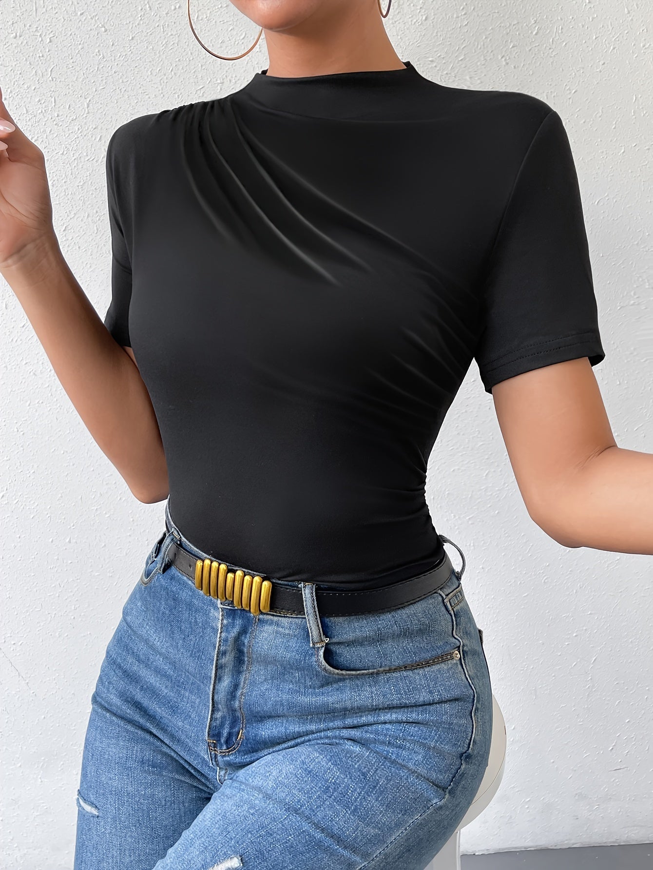 Solid Ruched Crew Neck T-Shirt, Casual Short Sleeve T-Shirt For Spring & Summer, Women's Clothing