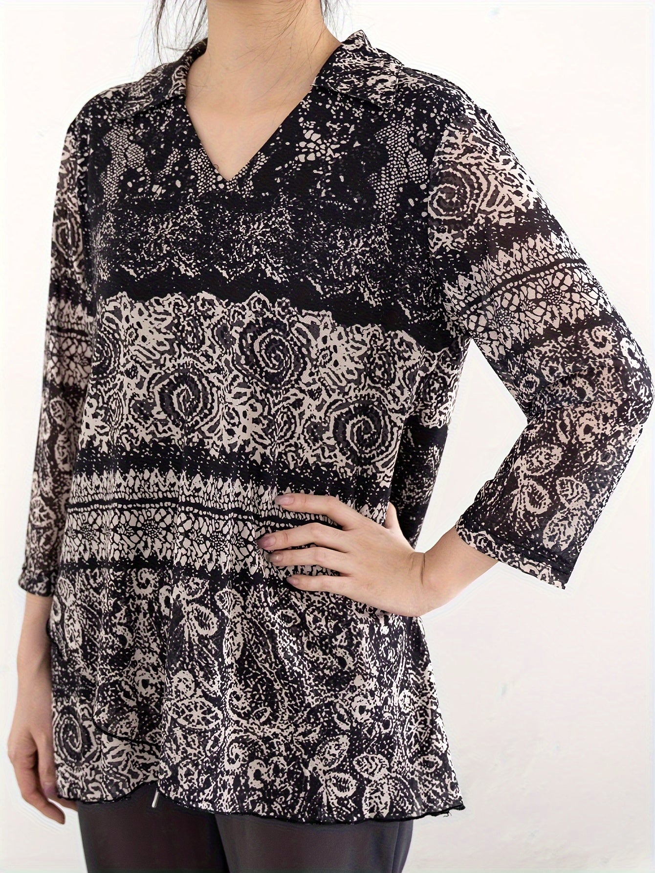 All Over Print V Neck Blouse, Elegant Long Sleeve Blouse For Spring & Fall, Women's Clothing