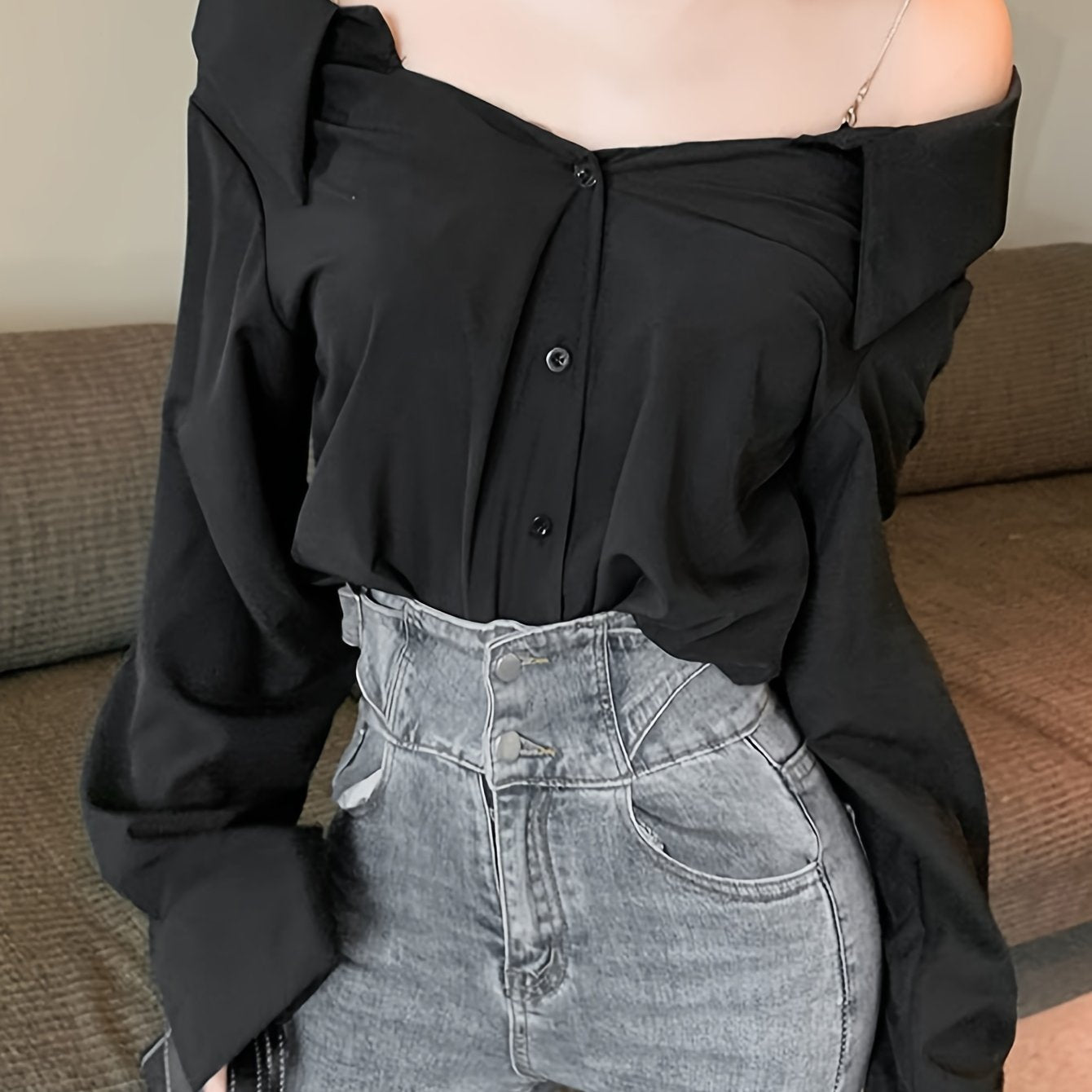 vlovelaw Solid Off Shoulder Button Front Blouse, Casual Long Sleeve Blouse For Spring & Fall, Women's Clothing