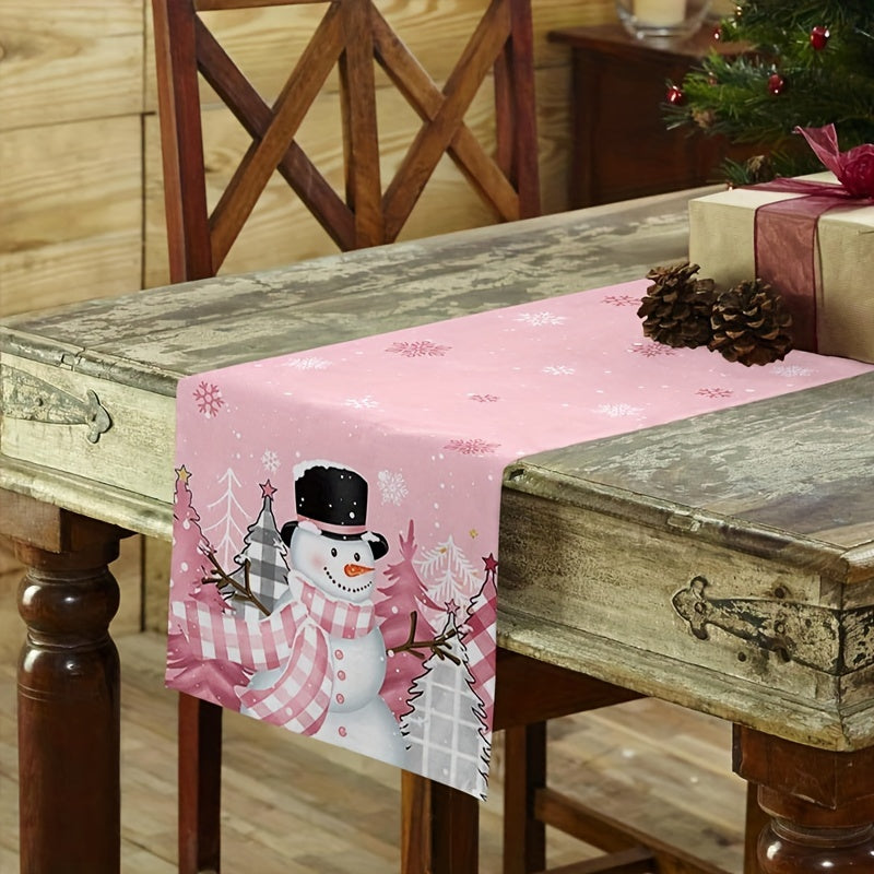 1pc Vibrant Pink Snowman Christmas Table Runner - Long, Farmhouse Style, Snowflake Pattern, Waterproof, Easy to Clean, Perfect for Home Party, Kitchen Dinner, Holiday Table Decoration - Add a Touch of Festive Cheer to Your Celebration