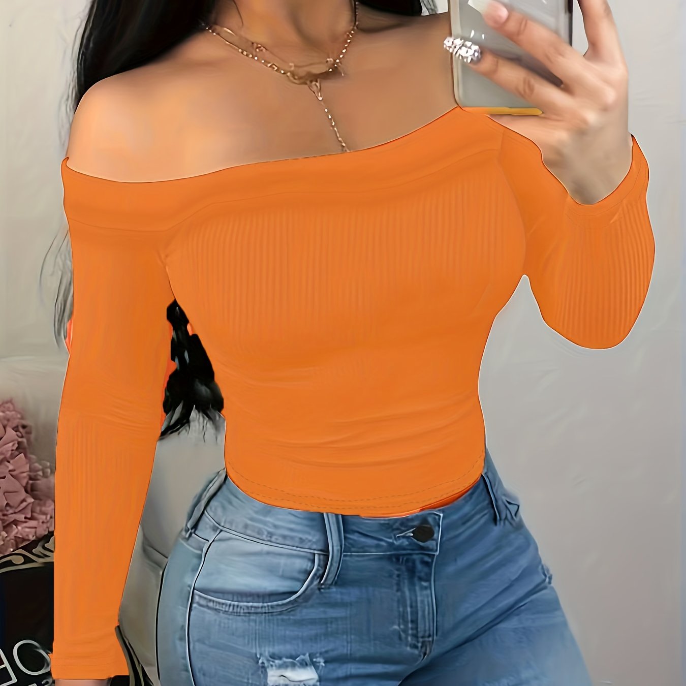 vlovelaw Solid Off Shoulder Slim Sweater, Casual Long Sleeve Sweater For Spring & Fall, Women's Clothing