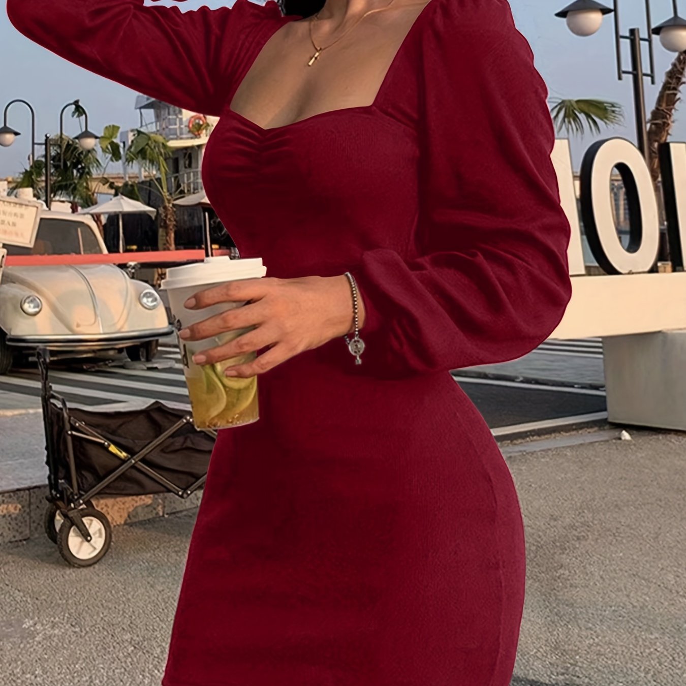 vlovelaw Squared Neck Lantern Sleeve Dress, Casual Solid Bodycon Bag Hip Dress, Women's Clothing