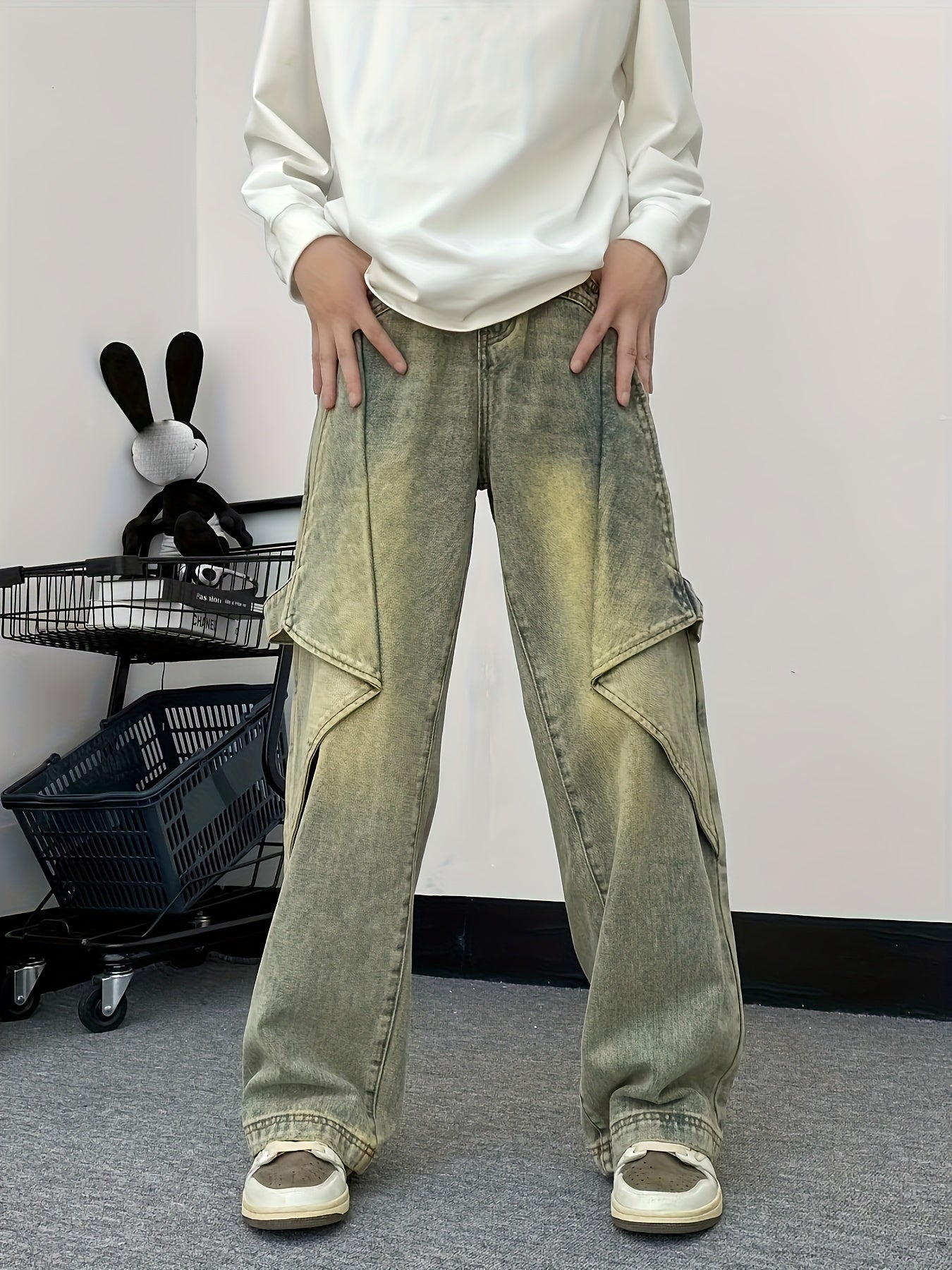 vlovelaw Loose Fit Vintage Style Denim Pants, Men's Casual Street Style Wide Leg Jeans