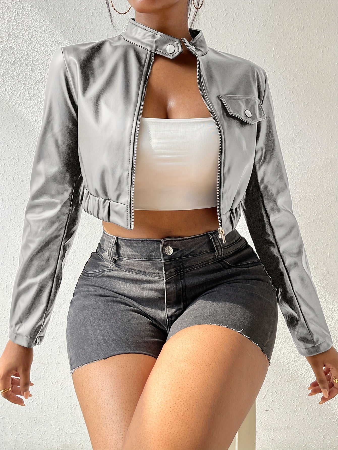 vlovelaw  Solid Zipper Crop Motor Jacket, Casual Faux Leather Long Sleeve Jacket For Fall, Women's Clothing