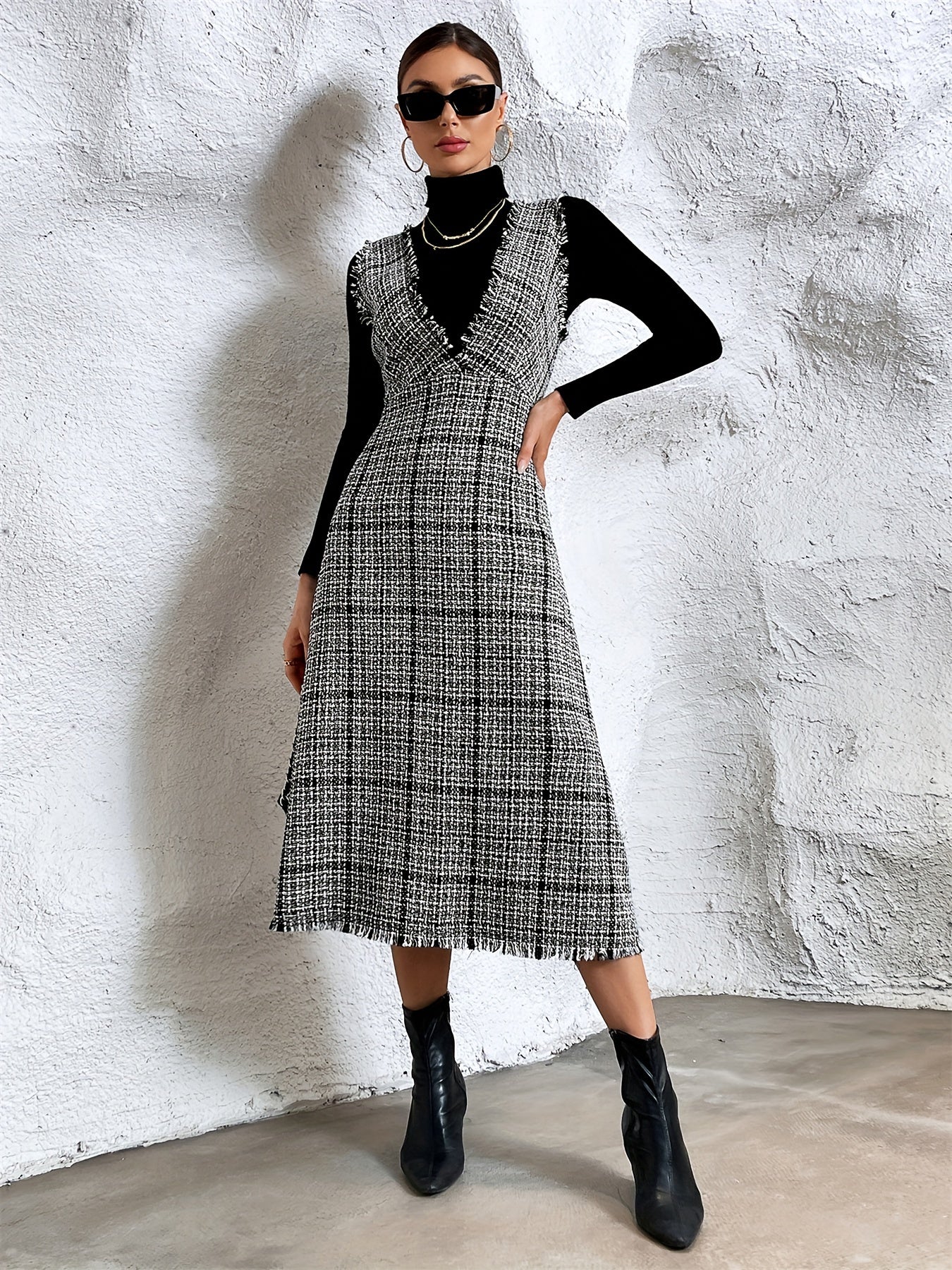 vlovelaw Plaid Print Raw Trim Overall Dress, Sleeveless V-neck Elegant Dress, Women's Clothing